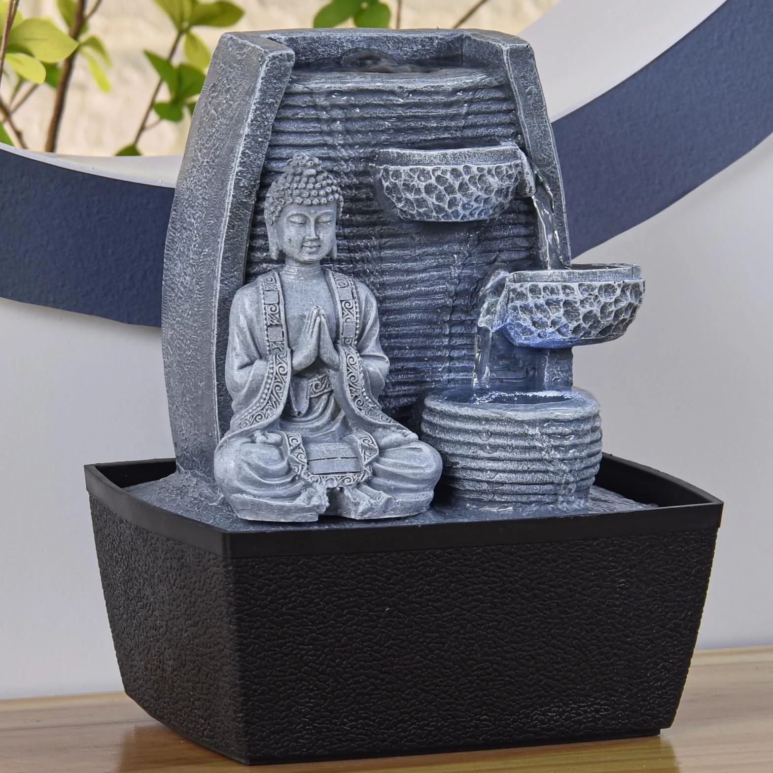 Zen Luz de la Pared Interior Fuente de Meditación de Buda de Piedra Gris/Negro de 20 x 15 x 24 cm