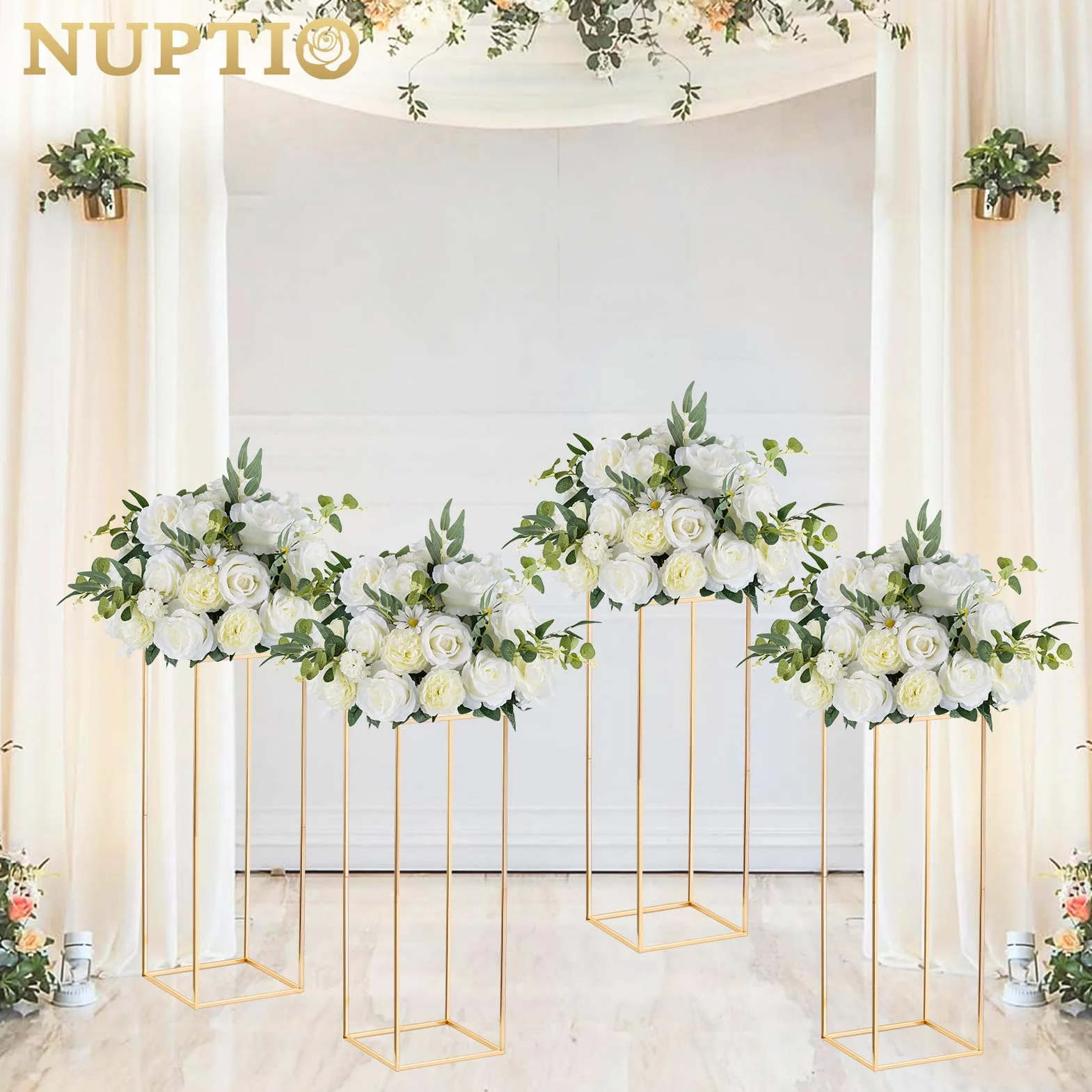 Nuptio 2 Piezas Jarrones Oro para Mesas Centro Boda, Soporte Flores Columna Jarrón Piso Flores Metal, Florero Geométrico 80cm Alto, Estante Exhibición Flores Rectangular para Boda Fiesta Casa