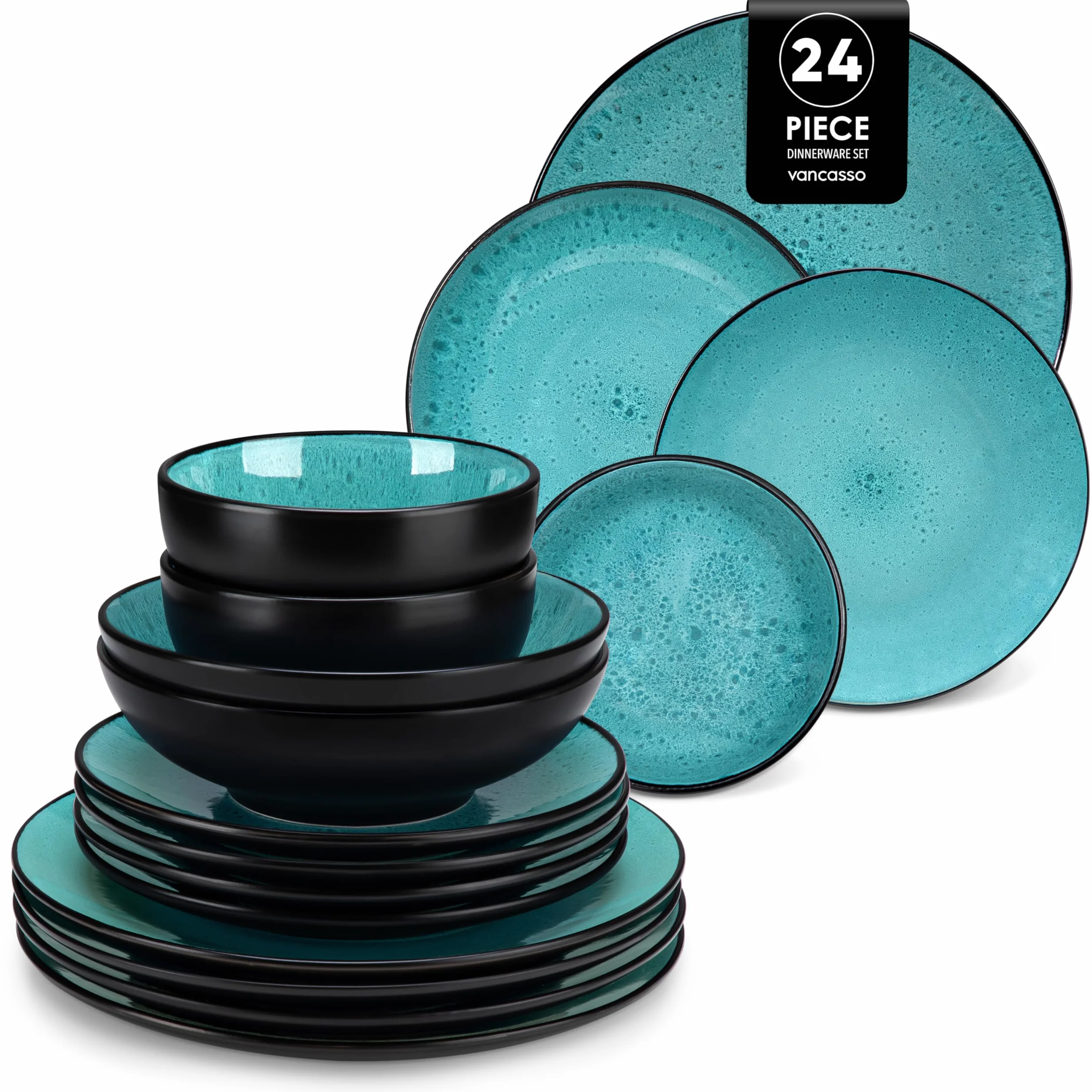 vancasso BUBBLE Vajillas Completas 6 Personas, Juego de Vajilla 24 Piezas de Gres - 6 Platos Llanos, 6 Platos de Postre, 6 Ensaladeras e 6 Cuencos, Esmaltado Reactivo Verde, Apto para Lavavajillas