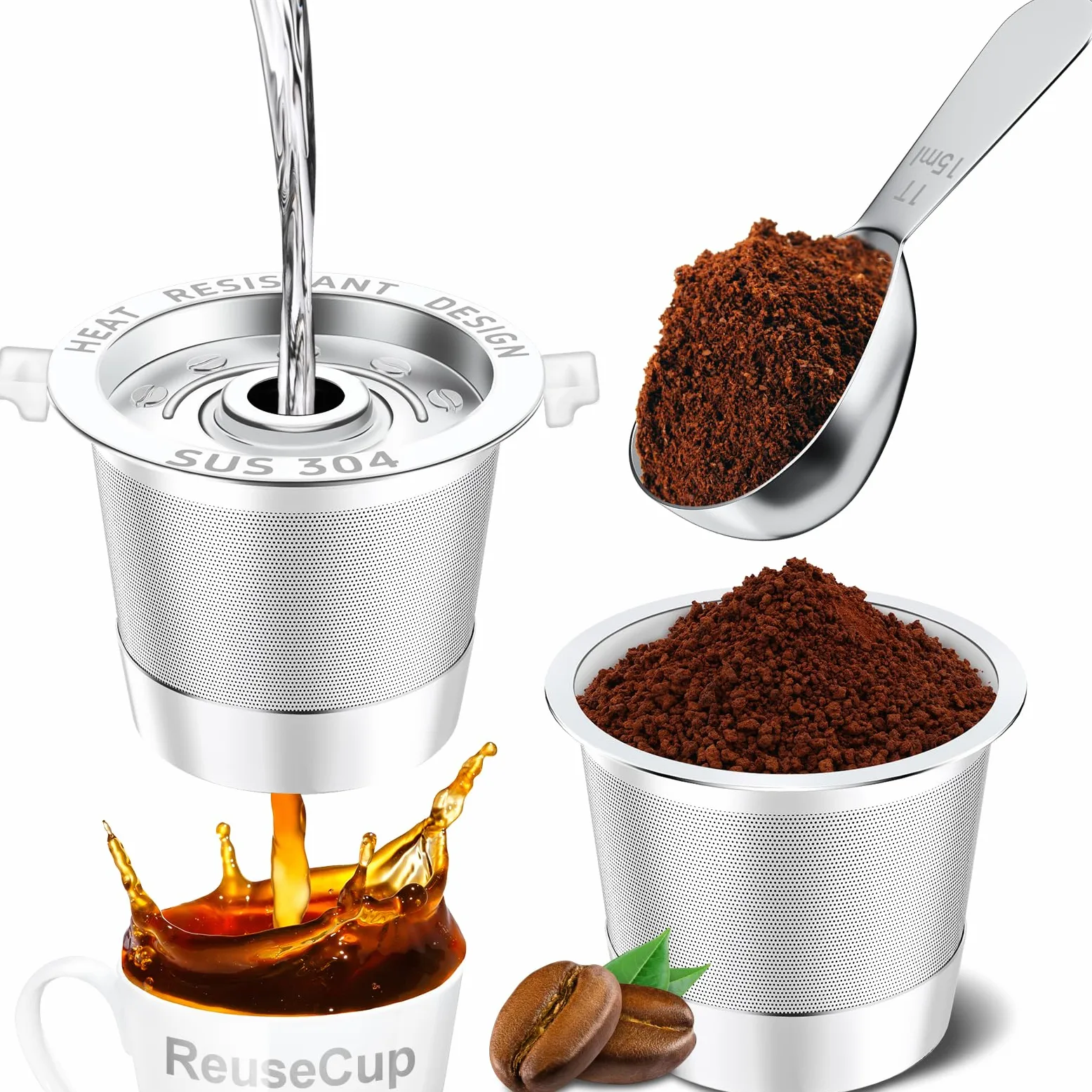 NESSUS Taza K reutilizable para Keurig 1.0, tazas K recargables de acero inoxidable para keurig, cápsulas de café K Cups de metal para keurig con asas resistentes al calor y cuchara de café, filtros K