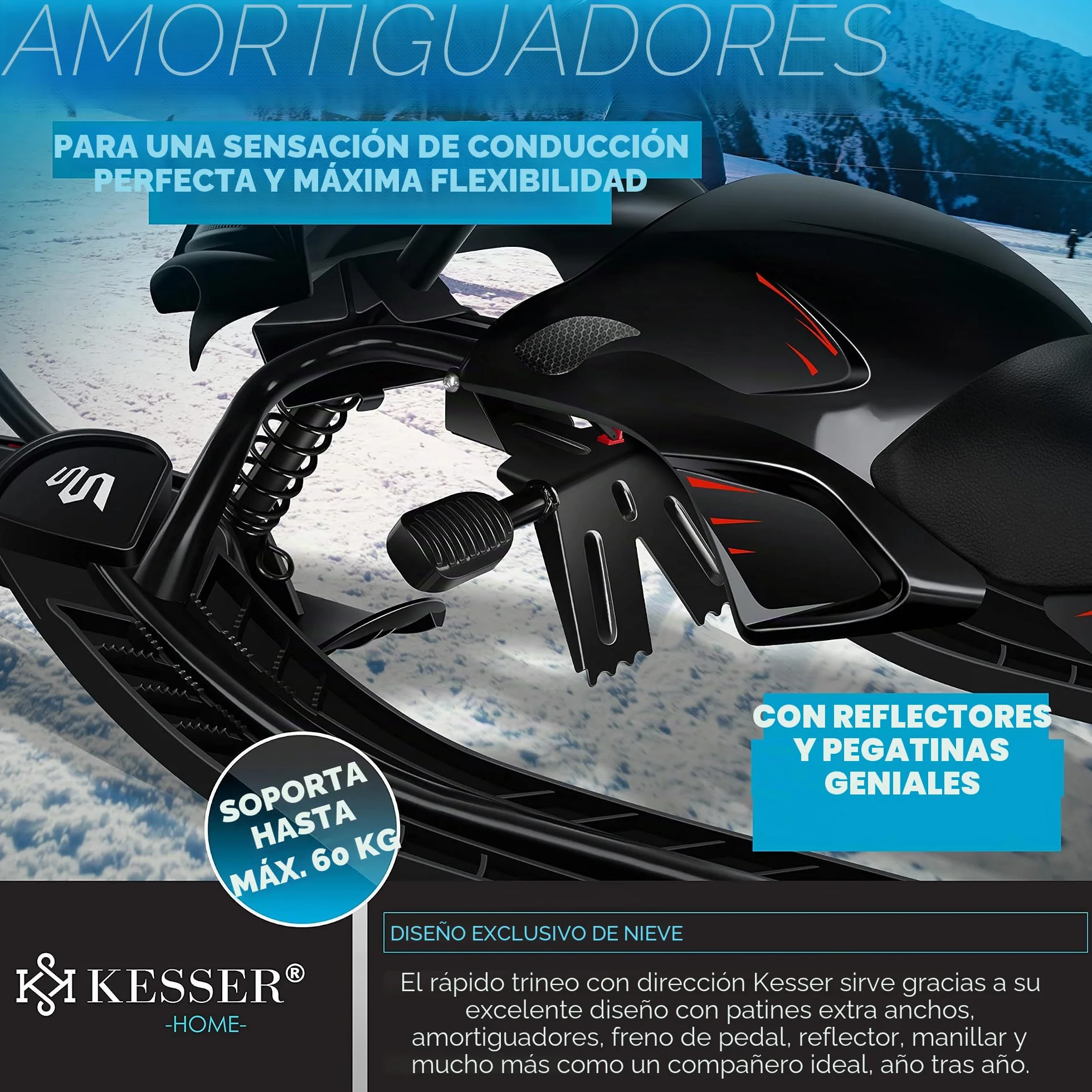 KESSER® Trineo de dirección con 2 Frenos de pie | Cuerda de tracción automática | Suspensión | Dirección de Deslizamiento | Bobsleigh Trineo Infantil Trineo | Trineo Skiboblenk