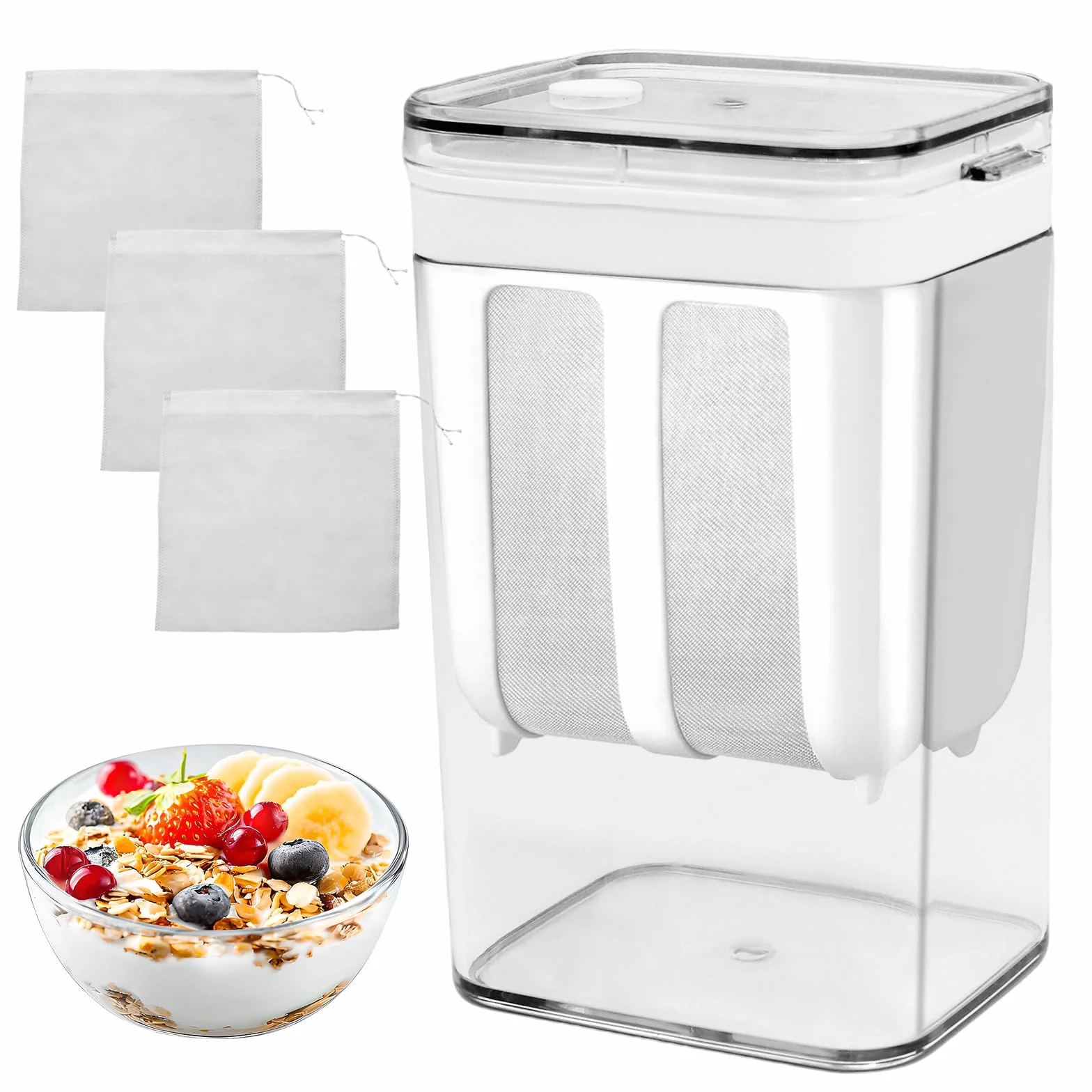 Colador para Yogur Griego 1100 ml con Tapa, Separador de Suero Reutilizable en Acero Inoxidable con Malla Extra Fina para Hacer Yogur Griego, Leche de Soja y Leche de Frutos Secos