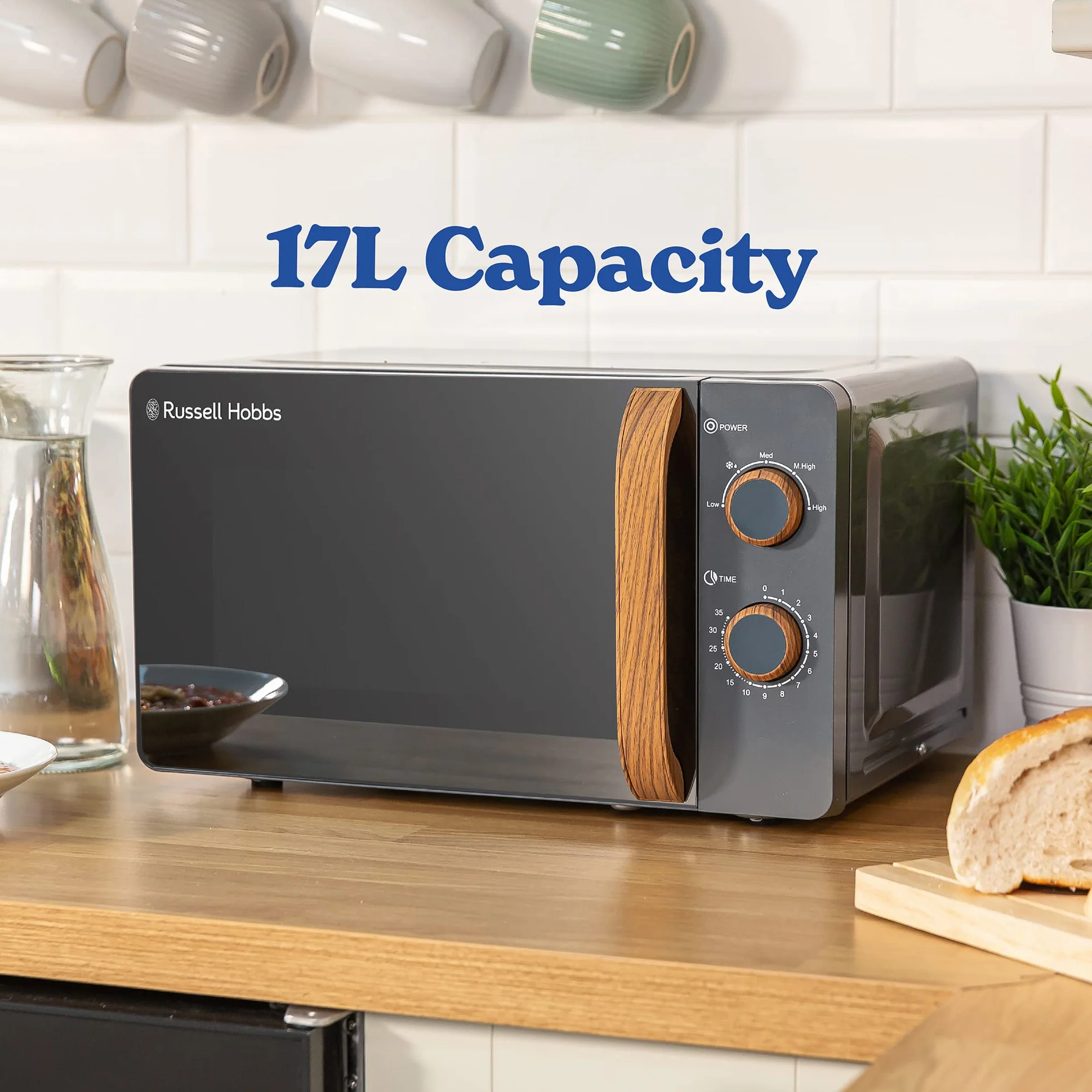 Russell Hobbs RHMM713G - Microondas manual compacto de 17 l y 700 W, estilo escandinavo, 5 niveles de potencia, maneta y diales con efecto madera, temporizador, función de descongelación, gris