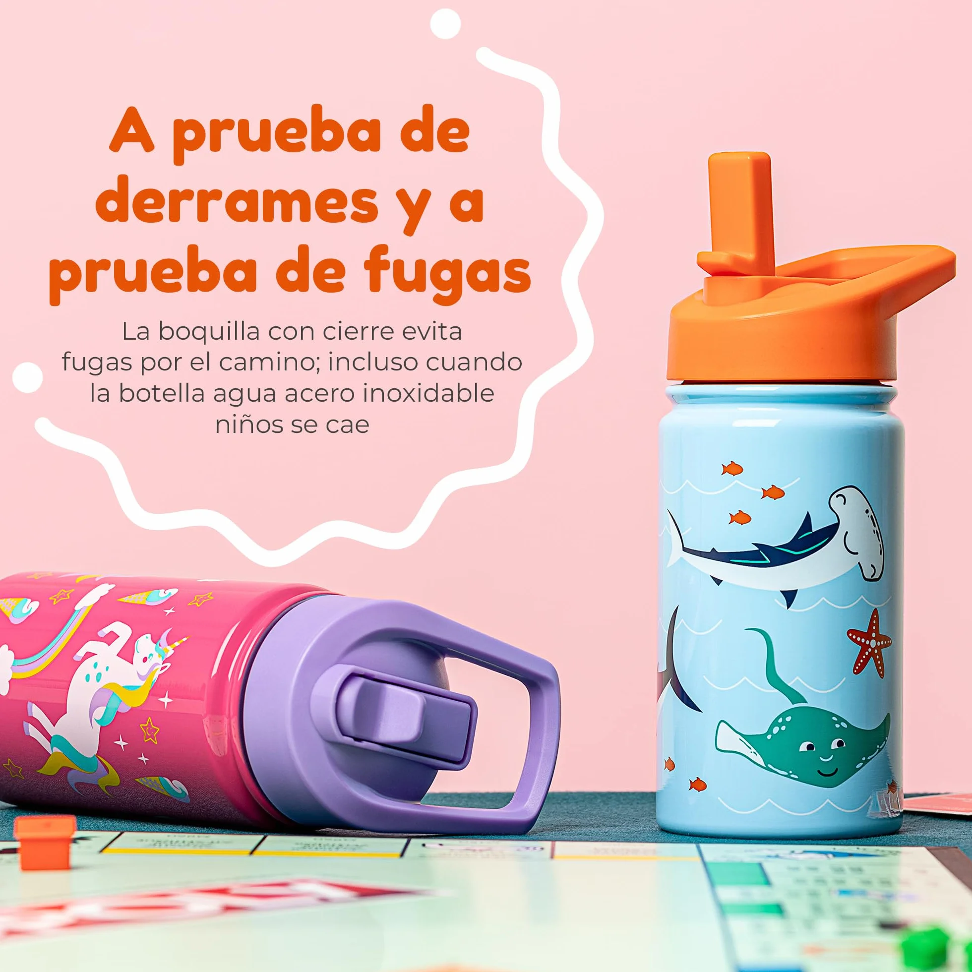 Botella Agua Acero Inoxidable 414 ml Aislamiento Doble Pared Sin BPA Antiderrame con Asa Apta Lavavajillas