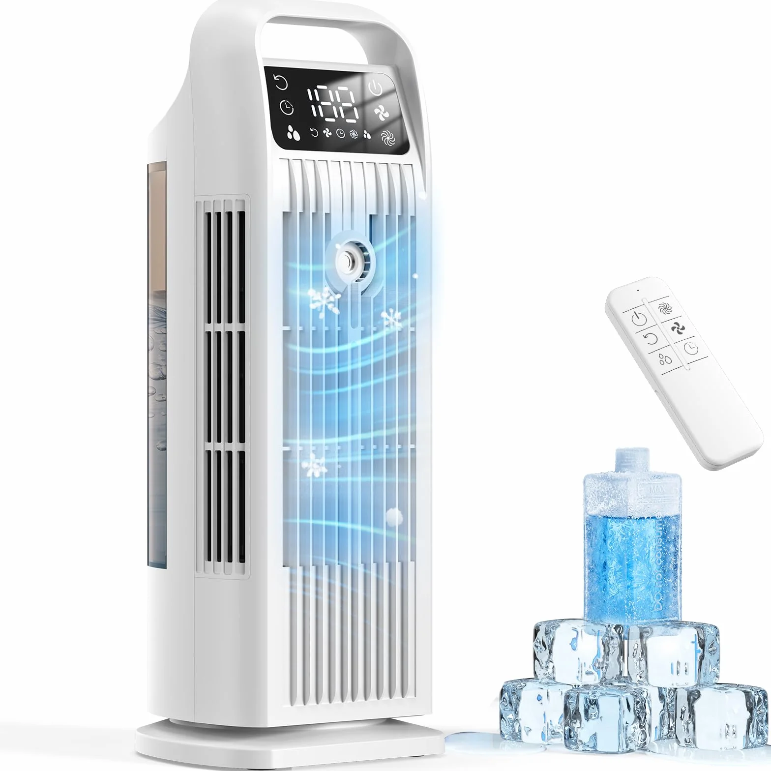 Aire Acondicionado Portátil sin Tubo, Climatizador Evaporativo 6 en 1 Bajo Consumo, Ventilador Torre Silencioso con Mando, Oscilación 120°, Depósito 1.2L, Temporizador 12H, Blanco Polar