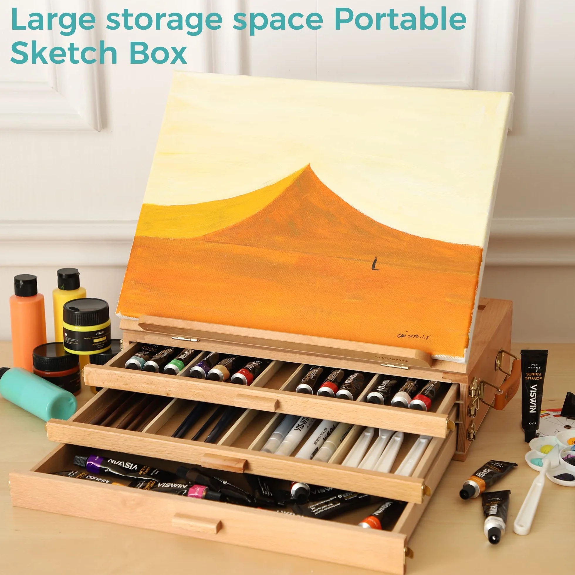 VISWIN Caballete grande ajustable con 3 cajones, caballete de mesa portátil de madera de haya para artistas, caballete de mesa para pintores adultos, artistas