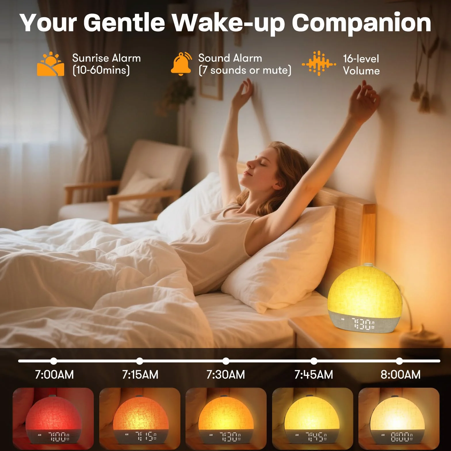 Reloj despertador con luz de amanecer, máquina de sonido de ruido blanco con 30 sonidos relajantes, luces nocturnas regulables, ayuda para dormir, repetición, temporizador, reloj despertador fuerte