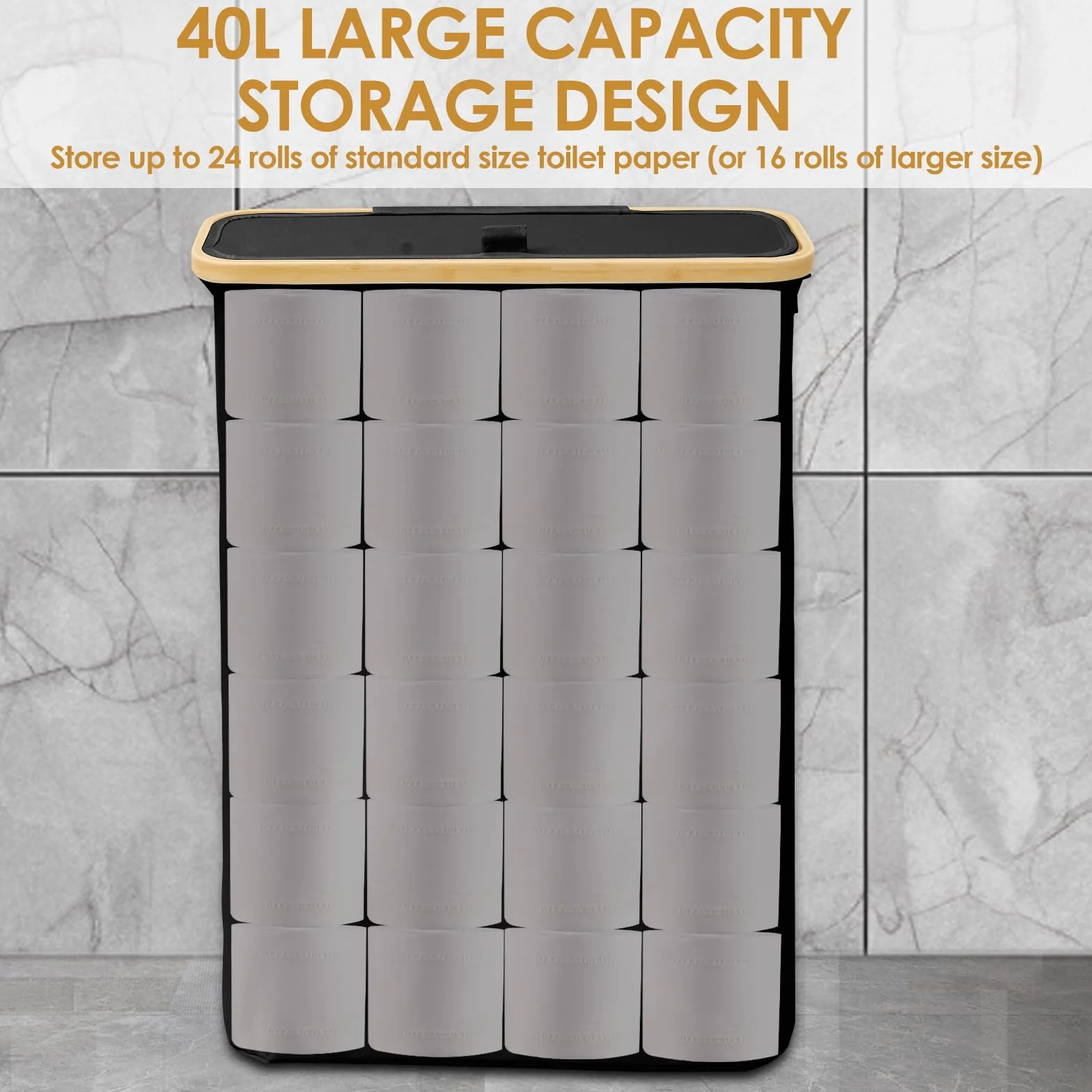 Cesta de almacenamiento de papel higiénico, 40 l, caja de almacenamiento con tapa, ventana lateral Oxford, cesta de papel higiénico a prueba de polvo, 24 rollos estándar para baño y hogar (A)