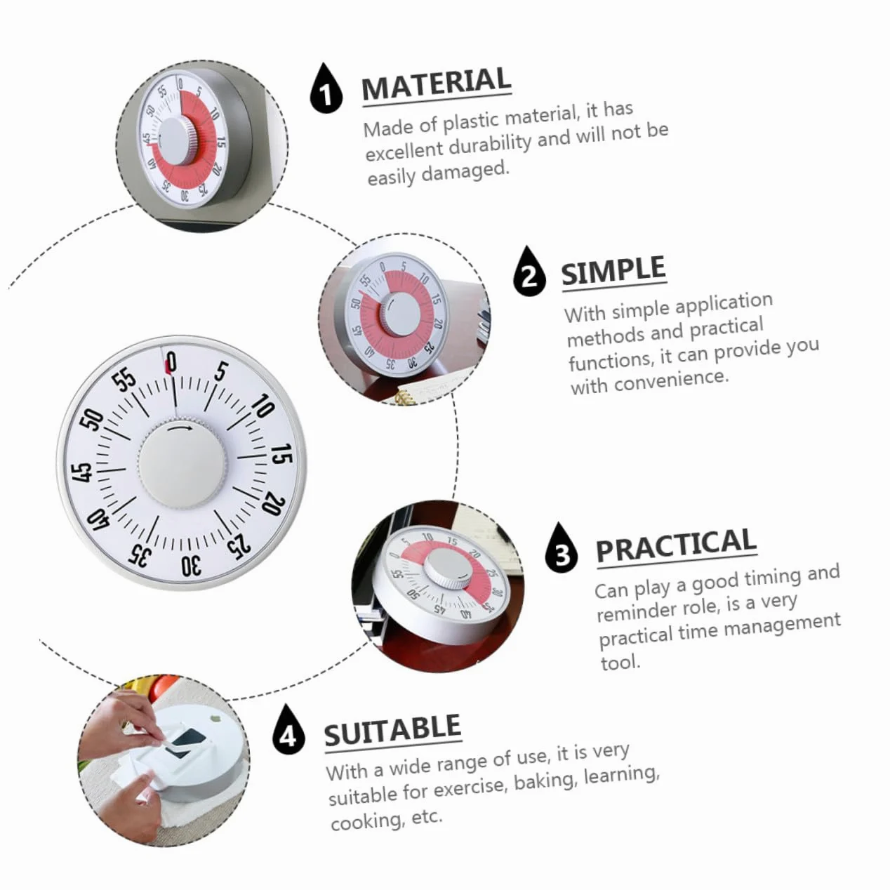 ULTECHNOVO Temporizador Mecánico Cuerpo de Abs Blanco de Cocina y Estudio, Cuenta Regresiva Alarma Adecuado para Cocinar, Hornear y Ejercicios