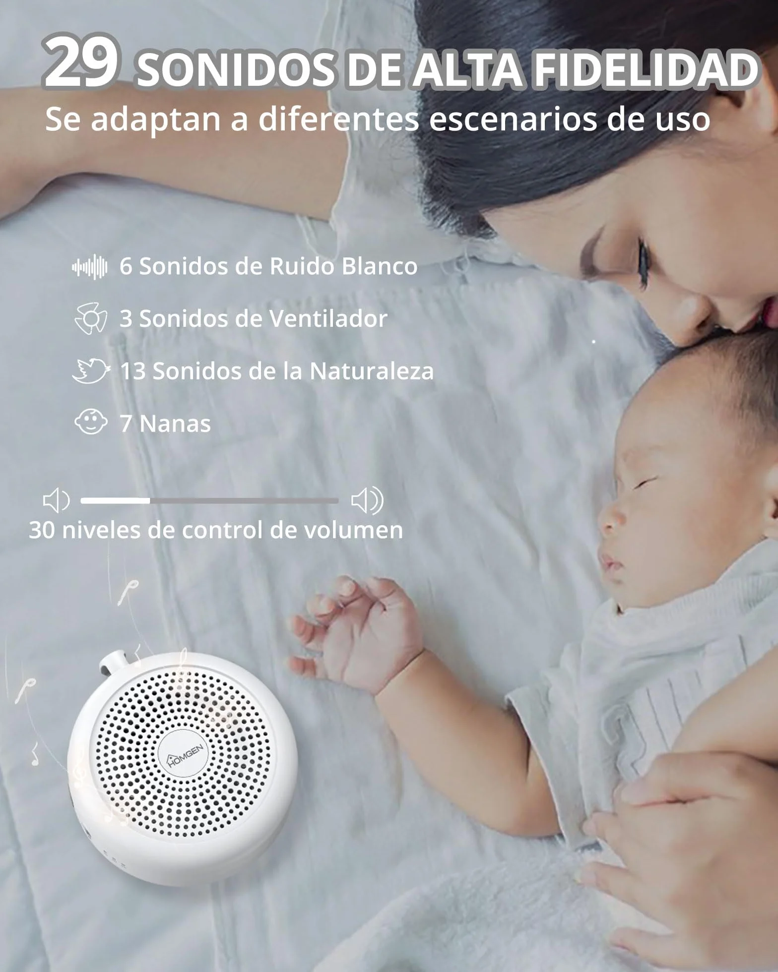HOMGEN Máquina de Ruido Blanco 24 Sonidos Relajantes Luz Nocturna Multicolor Temporizador Recargable USB-C Ayuda para Dormir Antillanto Bebés Niños Adultos