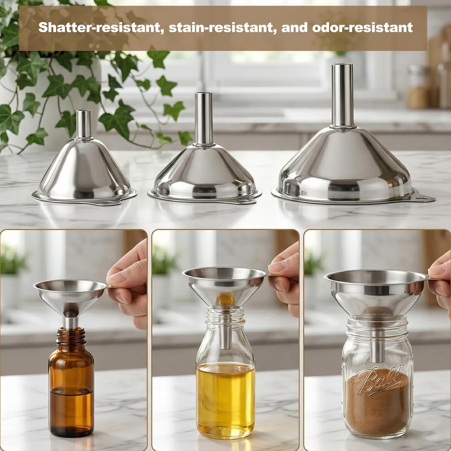 3 Embudos de Acero Inoxidable, Mini Embudos de Cocina con 2 Cepillos de Limpieza, Embudos Pequeños de Cocina con Asa, Embudos de Acero Inoxidable para Líquidos y Polvos