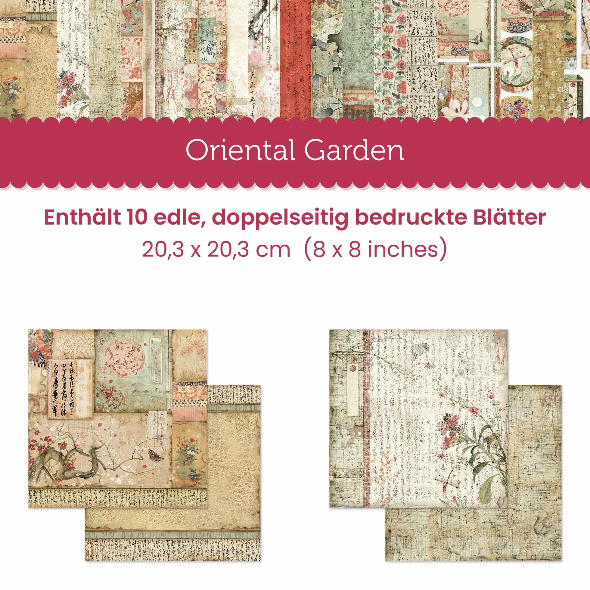 STAMPERIA SBBS09 Oriental Garden-Bloc de Papel (10 Hojas, 20,3 x 20,3 x 8 Pulgadas, Doble Cara), Multicolor, talla única