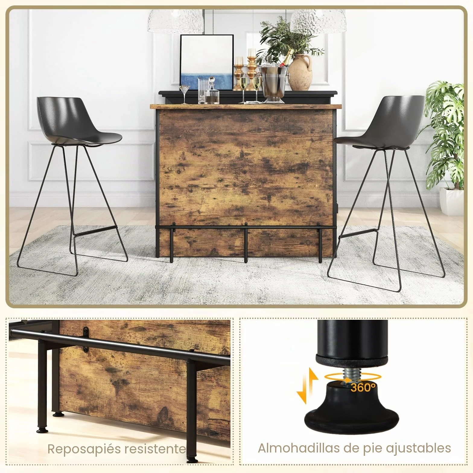 KOMFOTTEU Mesa Alta de Bar para Cocina, Mesa Barra de 4 Niveles con Botellero y Soporte para Cristal, Mueble de Comedor con Reposapiés, 120 x 60 x 101 cm (Industrial)