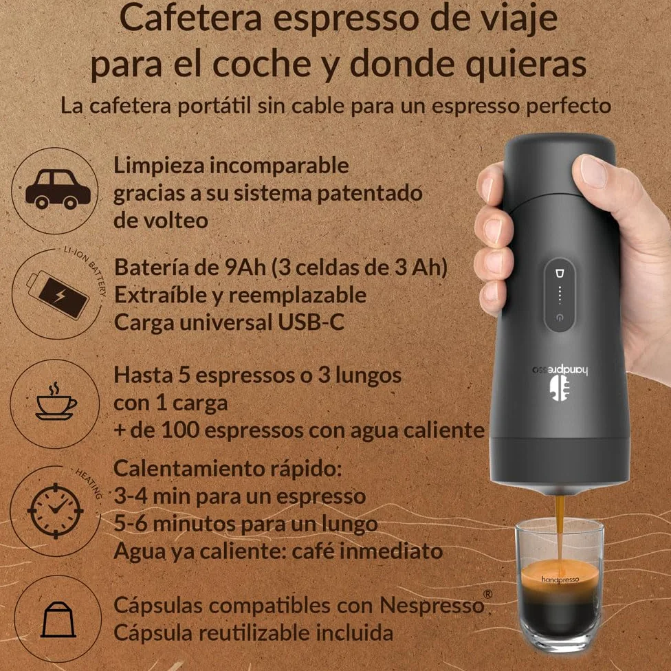 Handpresso Auto | cafetera a batería - USB/C | cafetera de viaje premium para coche, furgoneta y uso outdoor | funciona con cápsulas espresso compatibles y recargables | prepara Espresso y Lungo