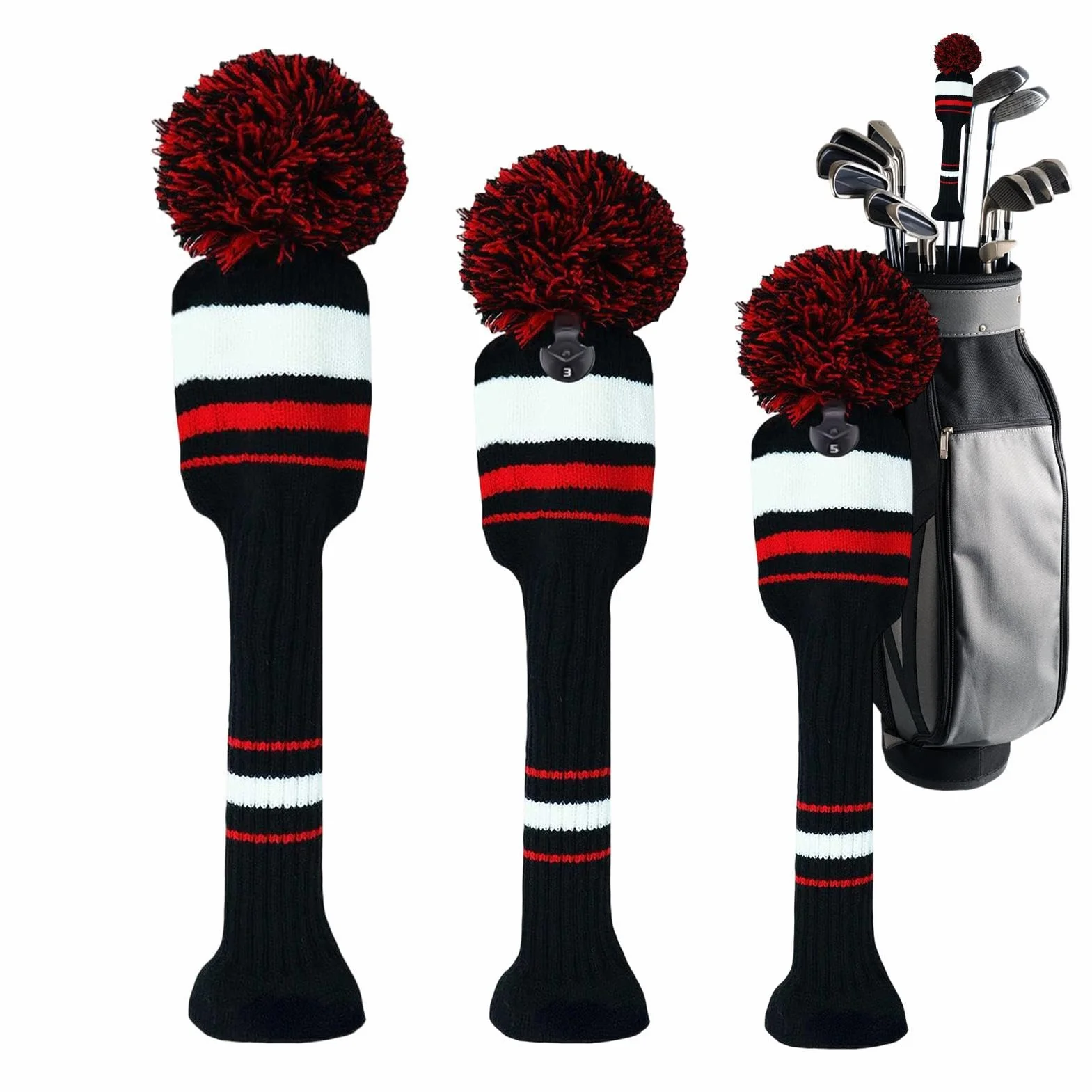 Fundas de Madera de Golf Paquete de 3, Protectora para Cabeza de Conductor Híbrido, Sombrero de Lana de Punto a Rayas, Elástico Antiarañazos, Lavable