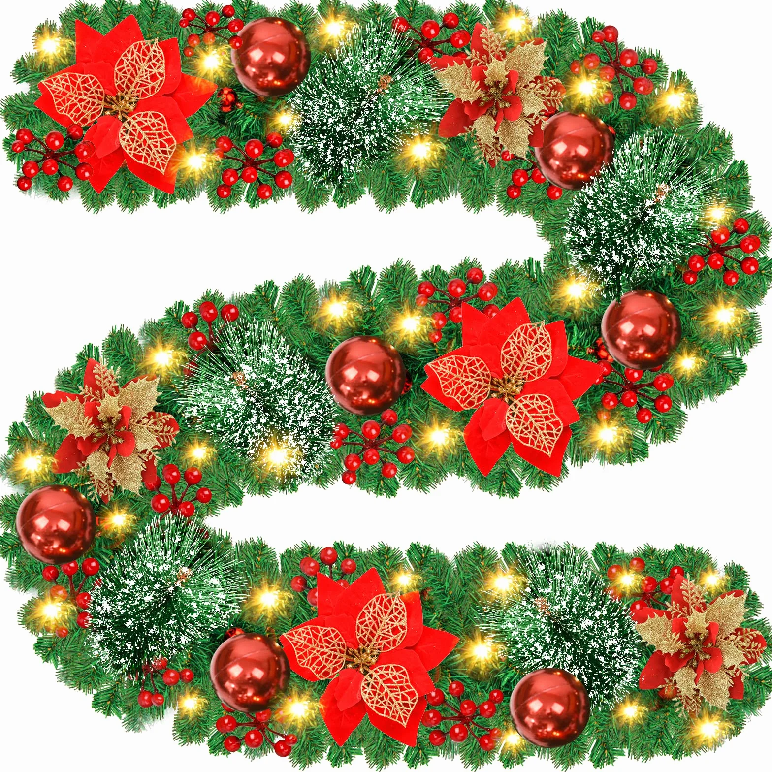 Guirnalda de Navidad, 2,7 Metros Guirnaldas navideñas con Luces LED, Corona de Frutos Rojos para Escaleras Chimeneas Puertas, Guirnaldas navideñas Artificiales Decoración Interior Exterior
