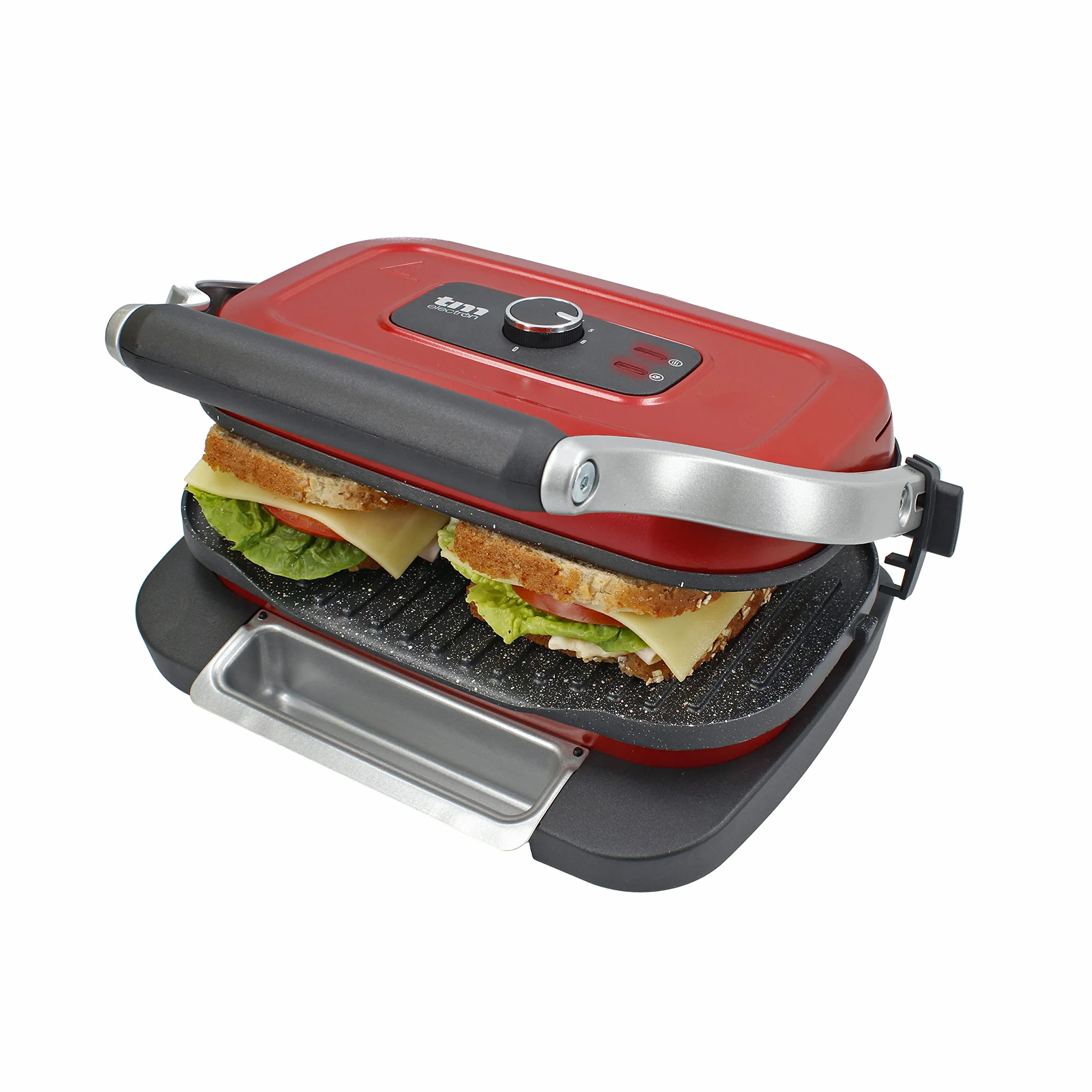 TM Electron TMPGR003RED grill eléctrico estilo retro, calentamiento rápido, revestimiento antiadherente de 5 capas, control de altura y temperatura, bandeja de residuos extraíble, 1300W