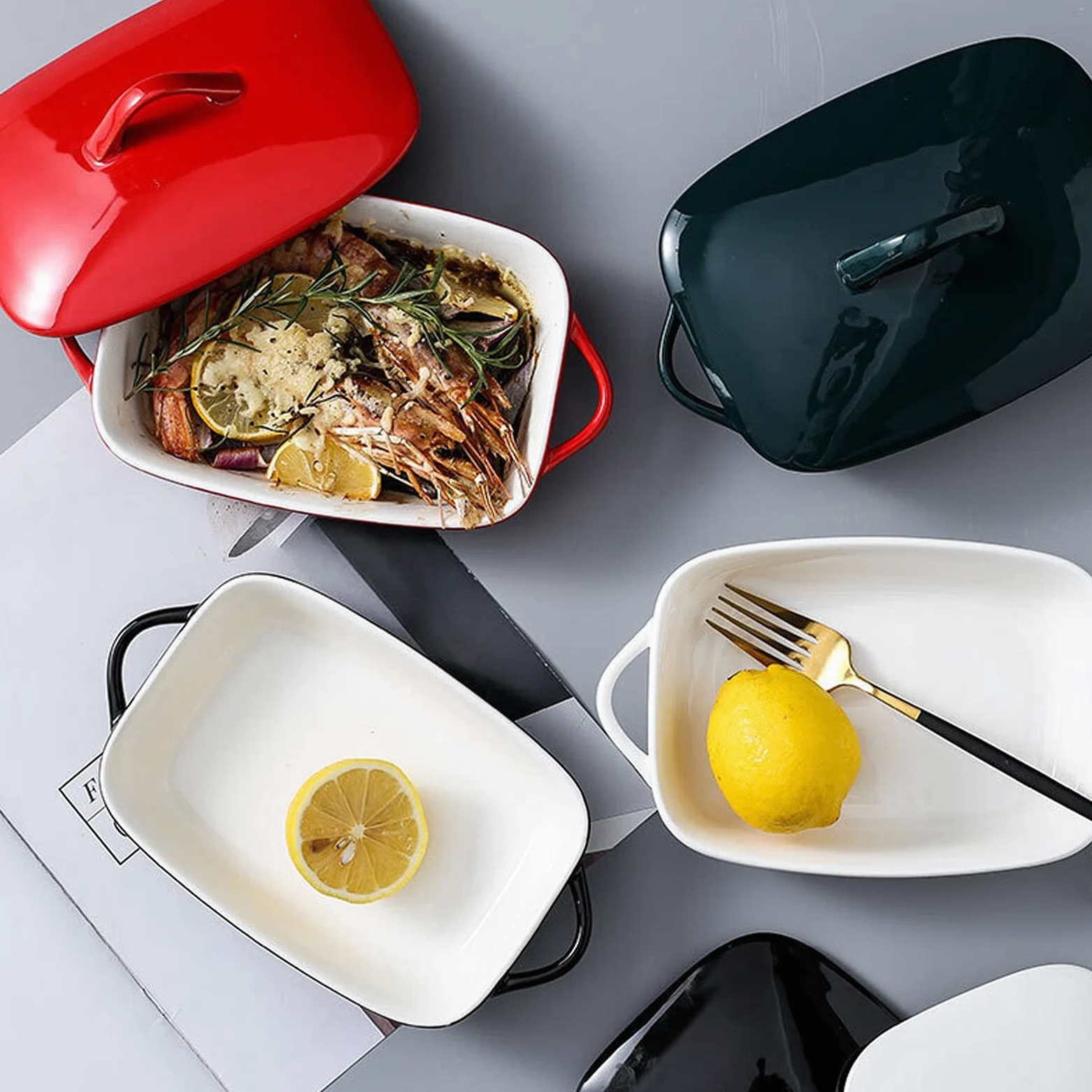 Fuente para Hornear Plato de embarcadero Rectangular con Tapa, Plato de cazuela, cerámica con Tapa, Bandeja para Hornear para lasaña, Pastel, cazuela y Tapas Bandejas Horno (Color : Green)
