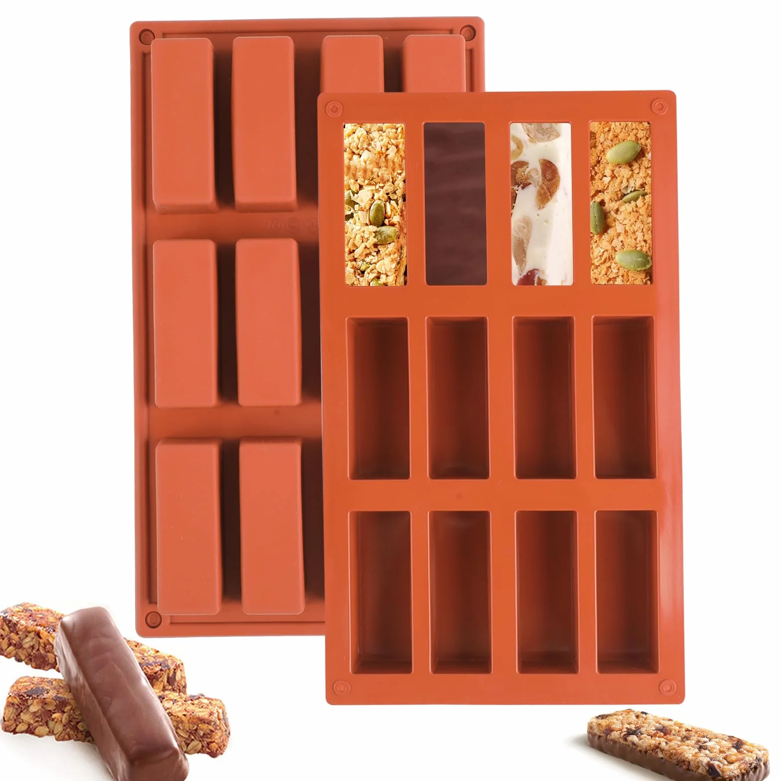 CRESZZLE Juego de 2 moldes rectangulares de silicona con 12 cavidades, ideales para preparar barritas energéticas, brownies y pasteles.