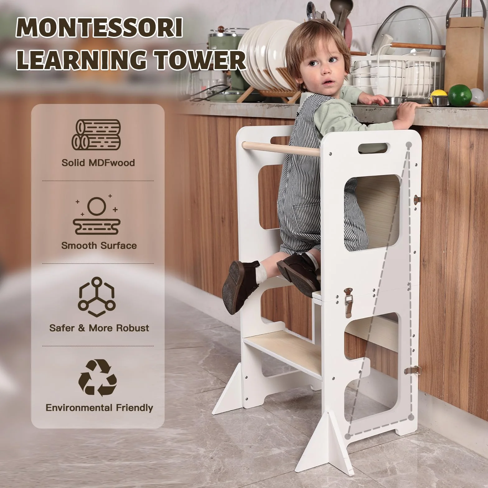 Labebe Torre de Aprendizaje Montessori Plegable 3 en 1 para Niño a Partir de 1 Año Blanco y Madera