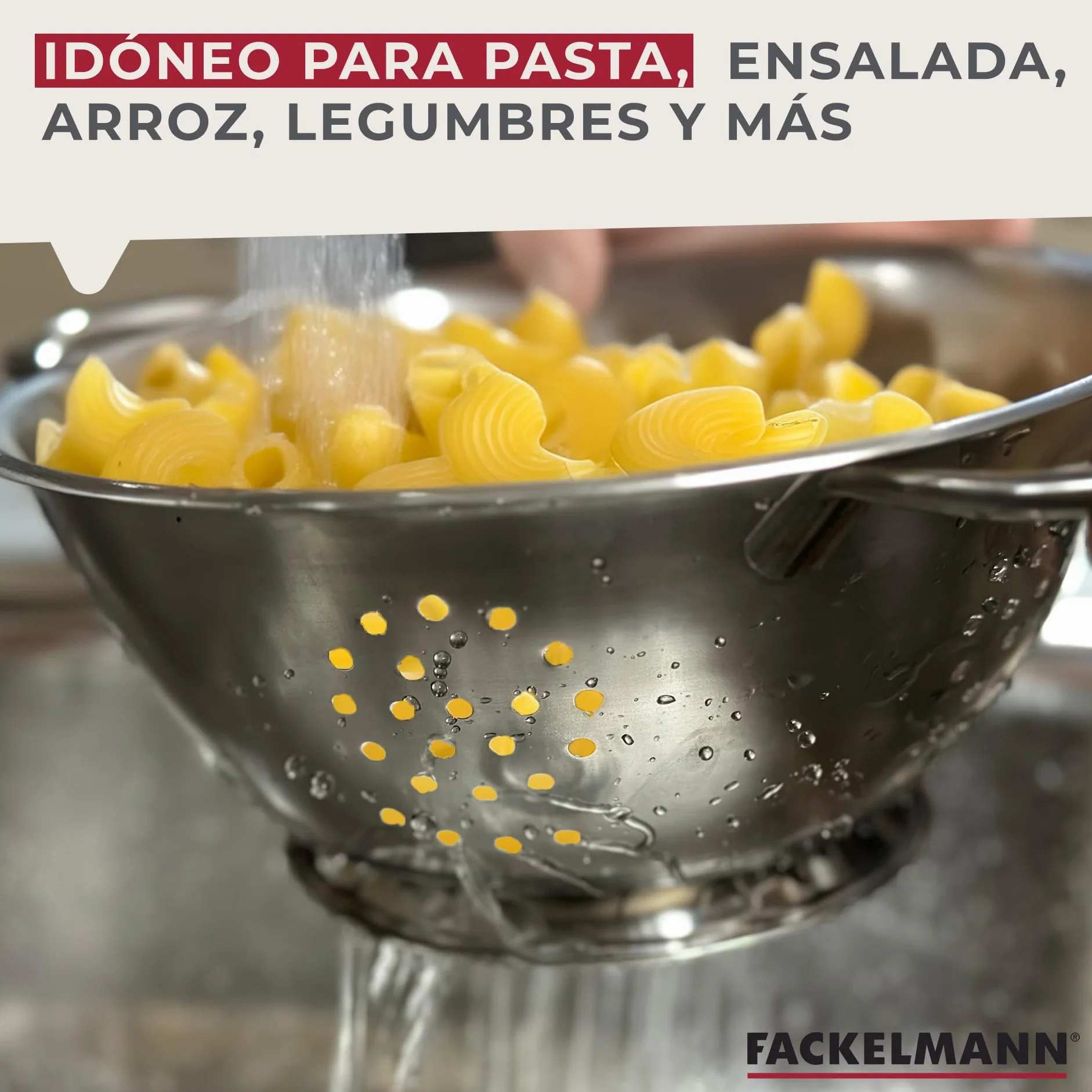 Fackelmann Colador de Cocina y Escurridor en Acero Inoxidable, Colador con Asas y Peana Estable, Idóneo para Escurrir Ensalada, Pasta, Arroz, Legumbres y Verduras, 24cm, 1 ud.