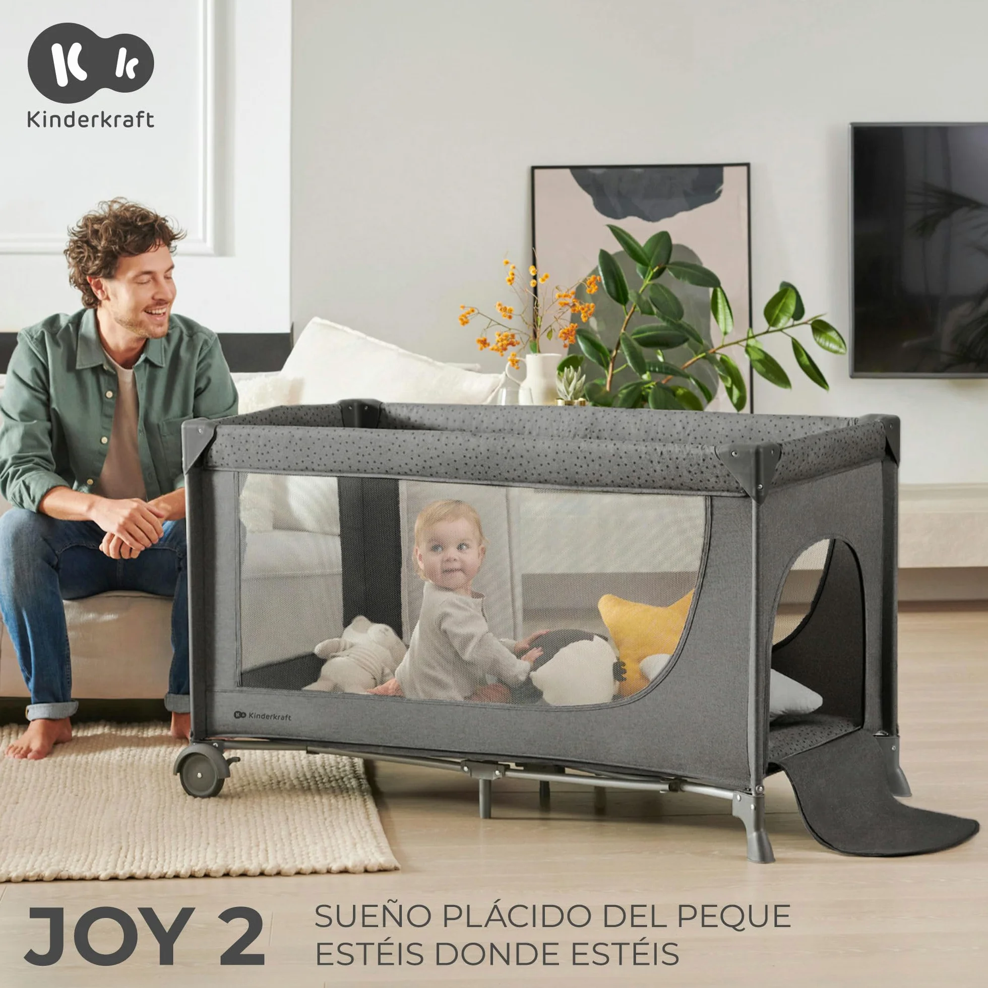 Kinderkraft Joy 2 Cuna de Viaje 3 en 1 para Bebé hasta 25 kg, Plegado rápido, Entrada Lateral, Gris