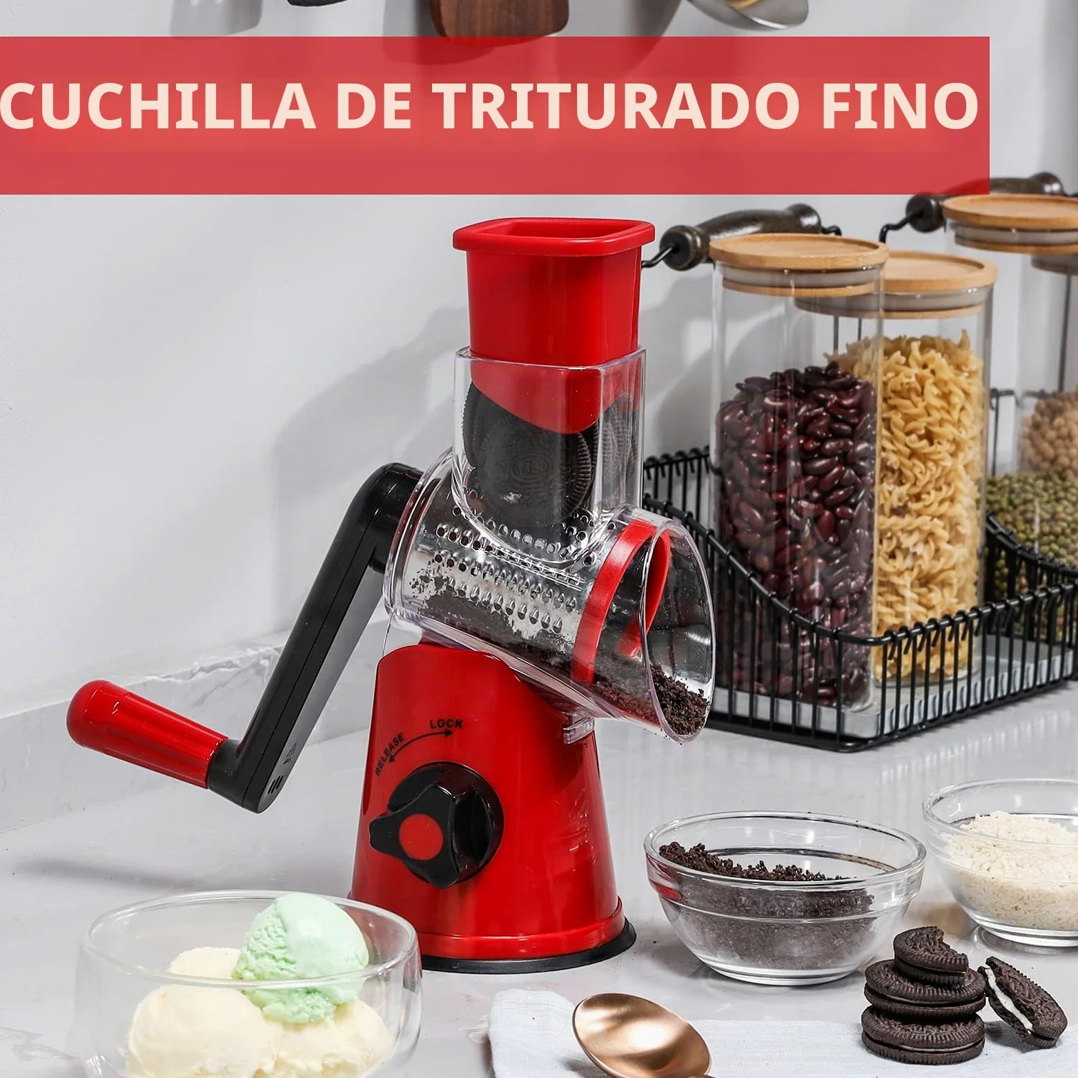 GDL Rallador de Queso, 3 Cuchillas Cortador de Verdura, Rallador Cocina | Versatilidad, Acero Inoxidable 430, Corte Rápido, Fácil Limpieza, Fuerte Ventosa, Seguridad de uso, Sin BPA, Mango Ergonómico