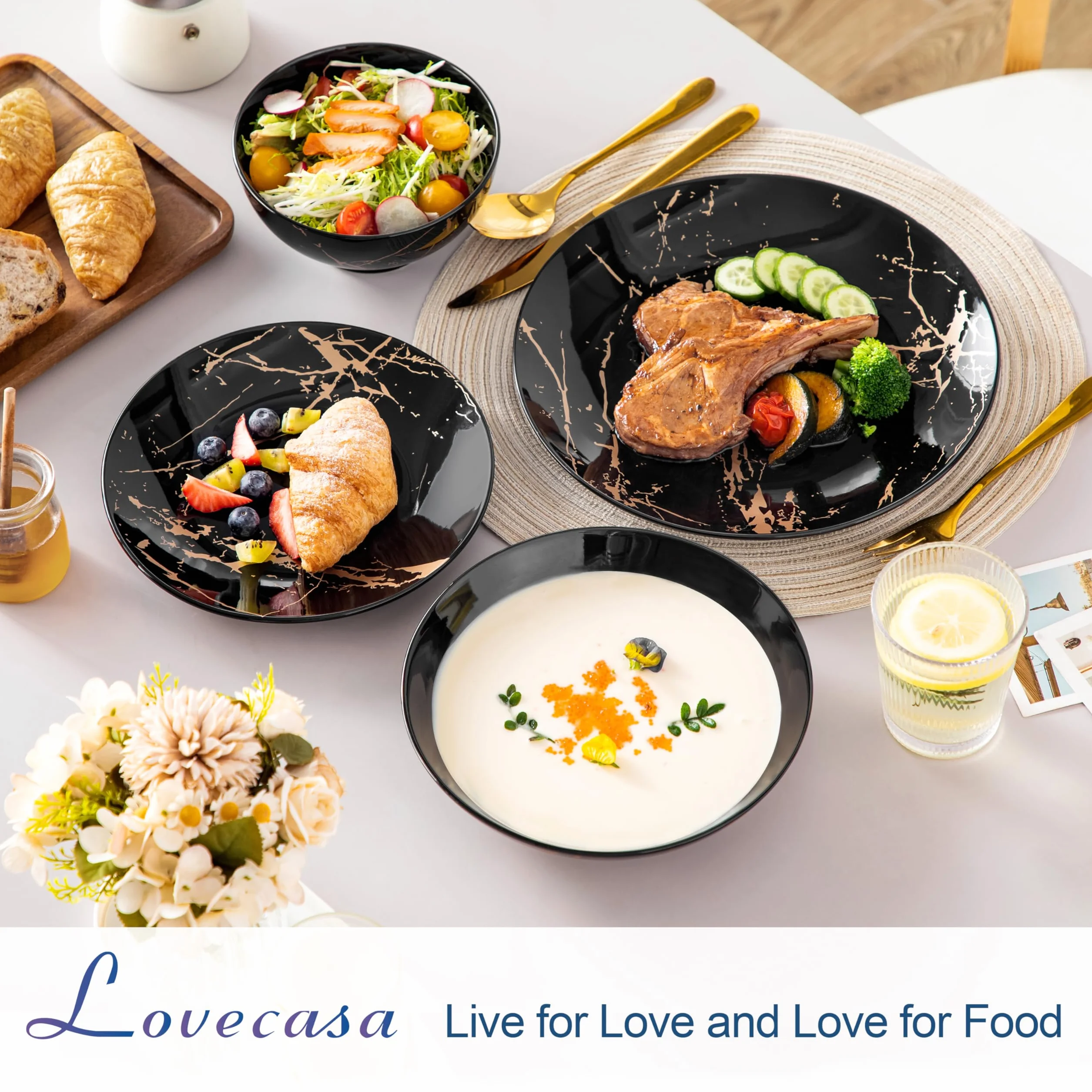 LOVECASA Daphne - Vajillas Completas para 6 Personas, 24 Piezas, Juego de Platos Vajilla Moderna de Porcelana - Cuencos, Platos de Postre, Llanos y Hondos - Diseño Negro y Dorado