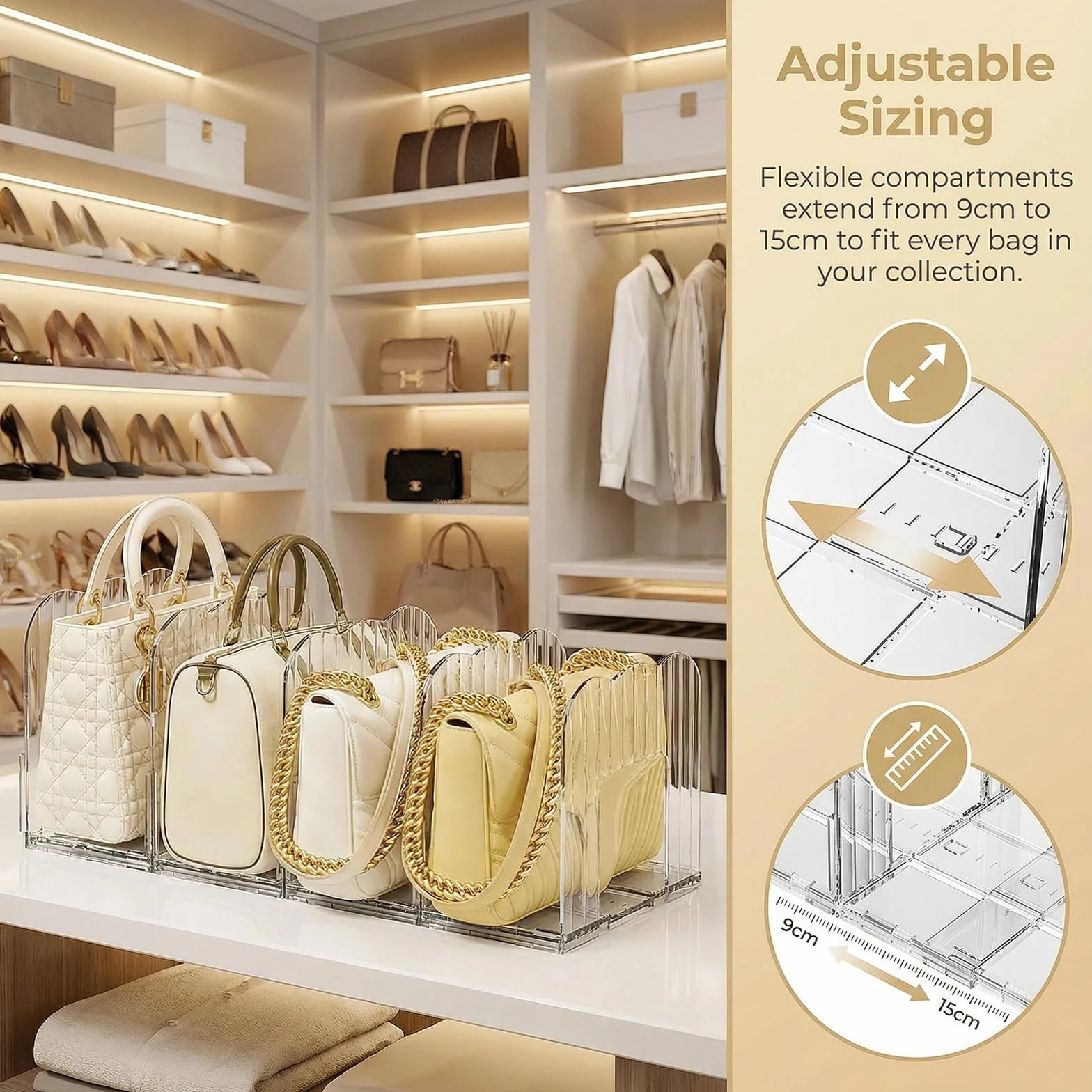 Organizador de Bolsos para Armario, 4 Divisores Ajustables 9-15 cm, Separadores de Estantes