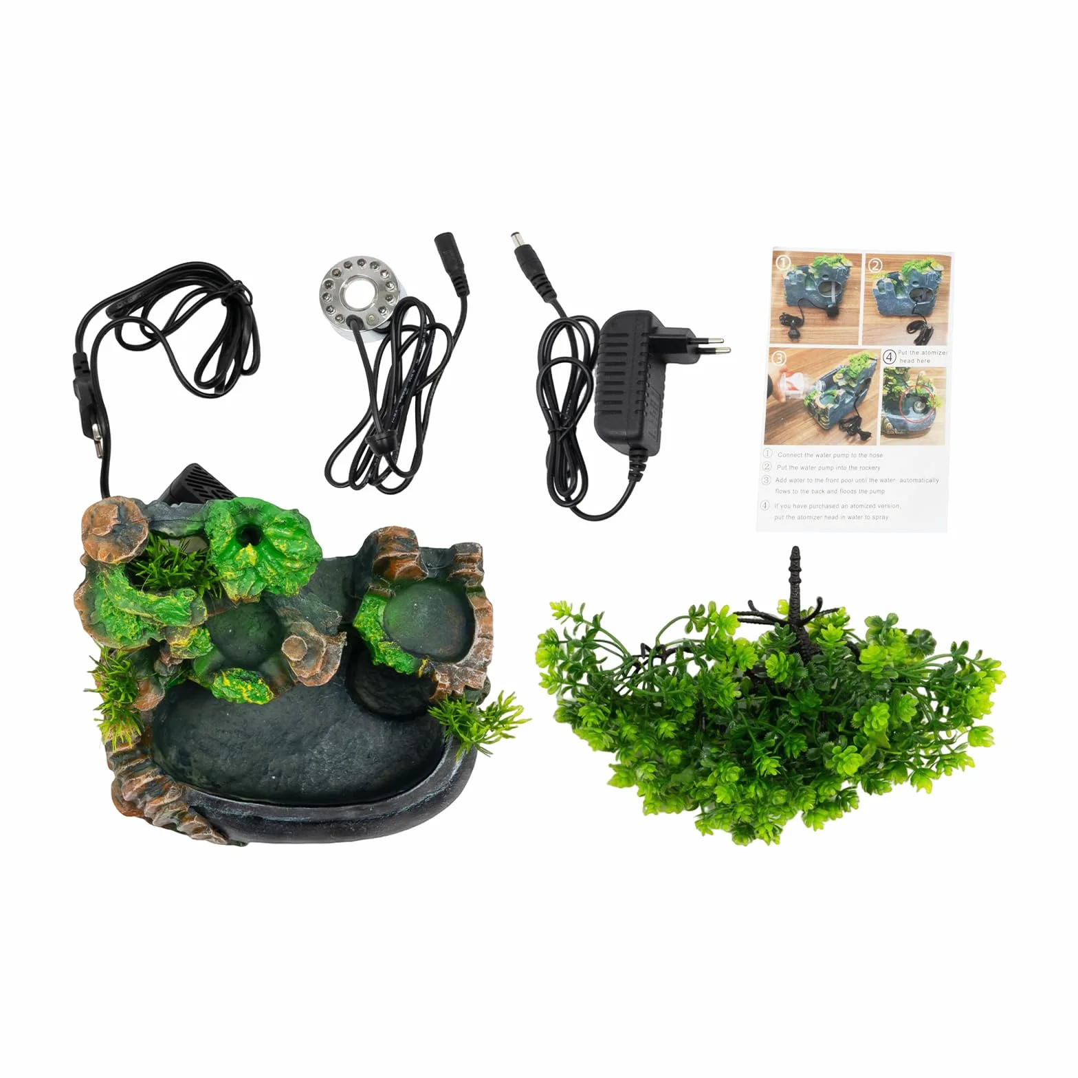 Fuente de escritorio, fuente de habitación con iluminación LED, fuente de mesa interior cascada con niebla, fuente de habitación con plantas, fuente para sala de estar, escritorio verde