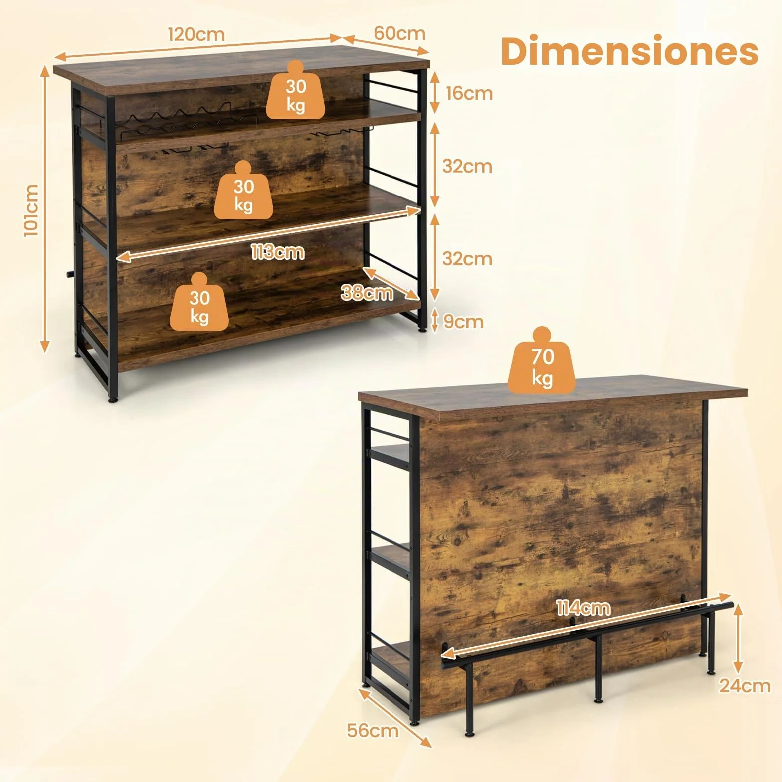 KOMFOTTEU Mesa Alta de Bar para Cocina, Mesa Barra de 4 Niveles con Botellero y Soporte para Cristal, Mueble de Comedor con Reposapiés, 120 x 60 x 101 cm (Industrial)