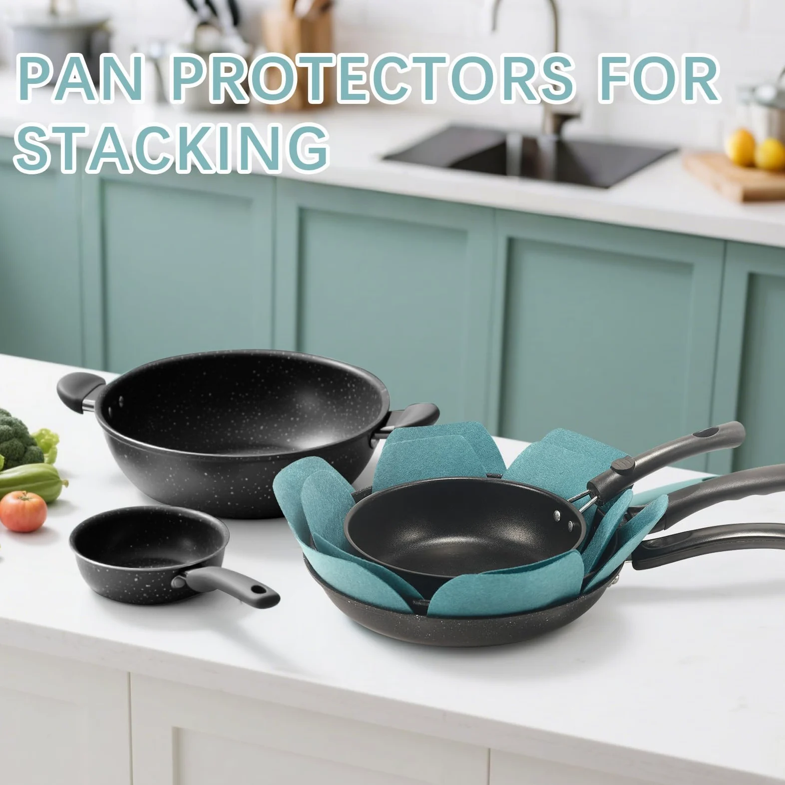 Protectores de sartén para apilar, juego de 12 y 3 tamaños diferentes, protectores de utensilios de cocina de fieltro más grandes y gruesos, protectores de ollas y sartenes, protectores de separadores