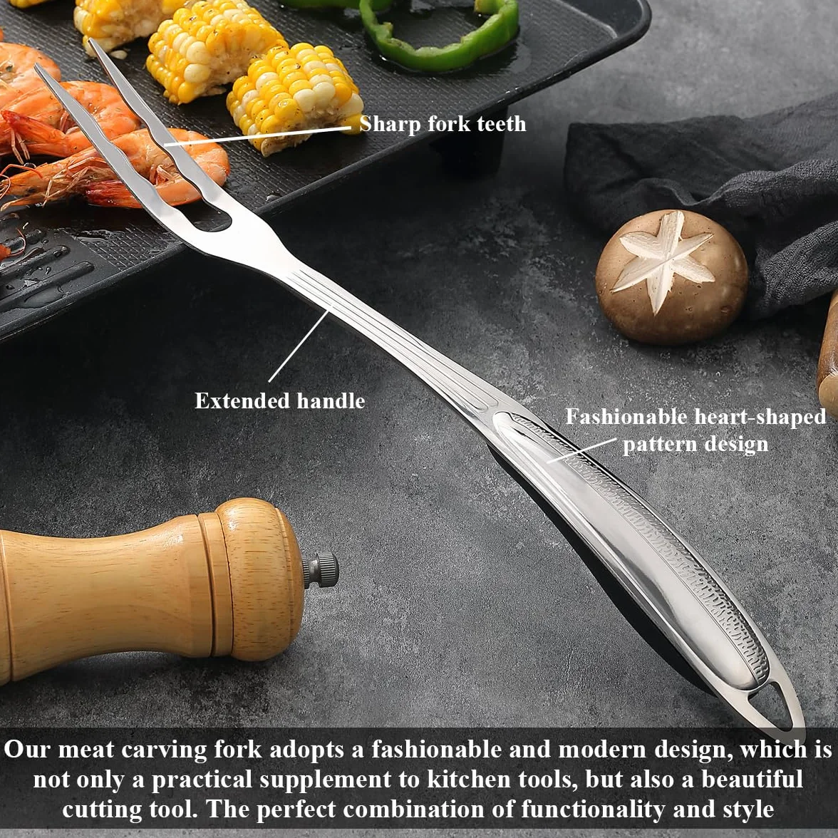 Tenedor para carne ReaNea, tenedor de cocina para tallar acero inoxidable de alta resistencia, tenedor para servir parrilla con mango resistente al calor, fácil de limpiar