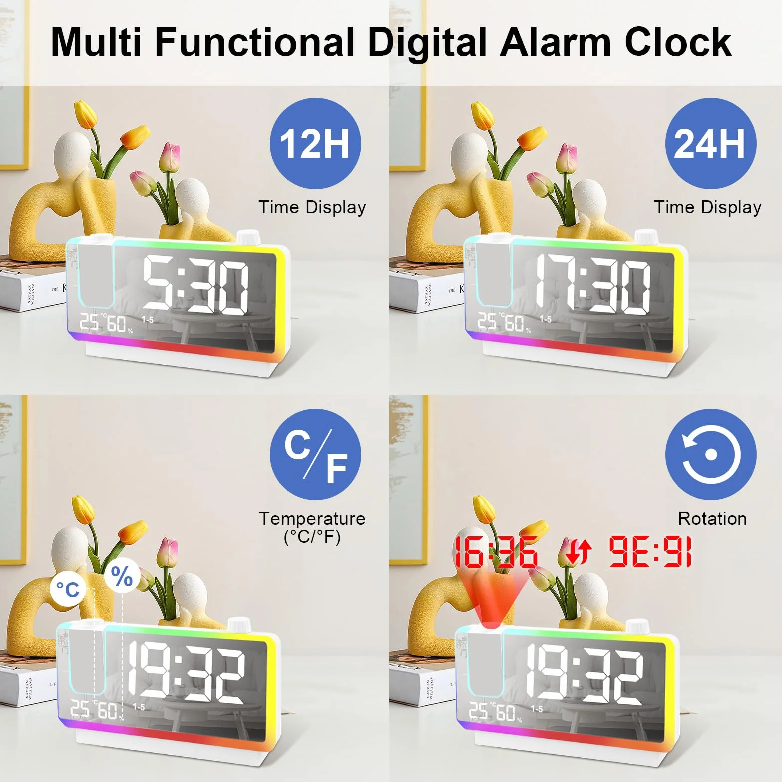 Cuteefun Reloj Proyector Techo, 7 Pulgadas Despertador Digital, Luz Nocturna RGB De 8 Modos, Proyector De 180 °, Doble Alarma, Puerto USB Doble, Temperatura y Humedad, 3 Niveles de Brillos, Blanco