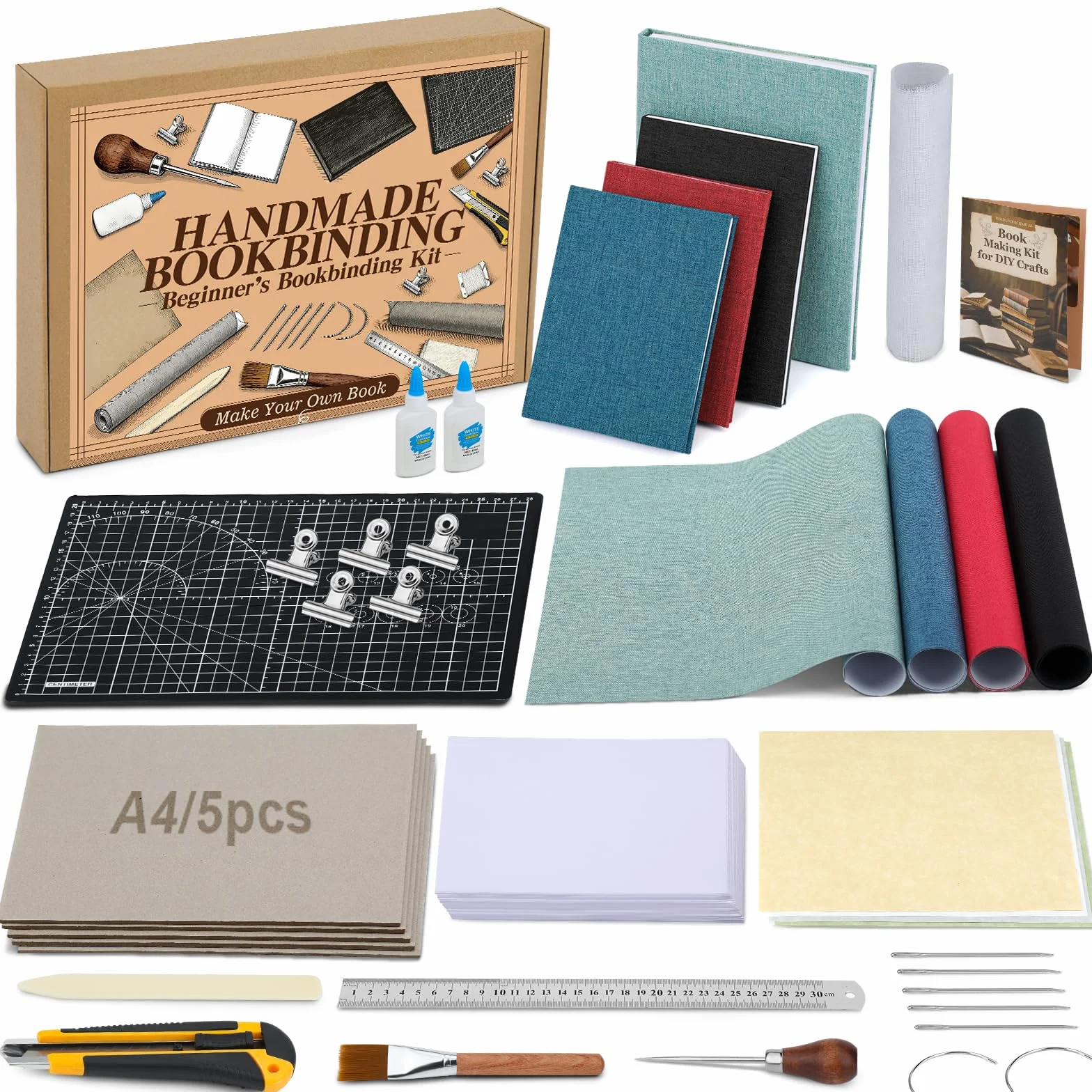 Jupean Kits de encuadernación de libros, materiales de encuadernación de libros con cartón A4, kit de fabricación de libros de tela de 4 colores, suministros de encuadernación con instrucciones y
