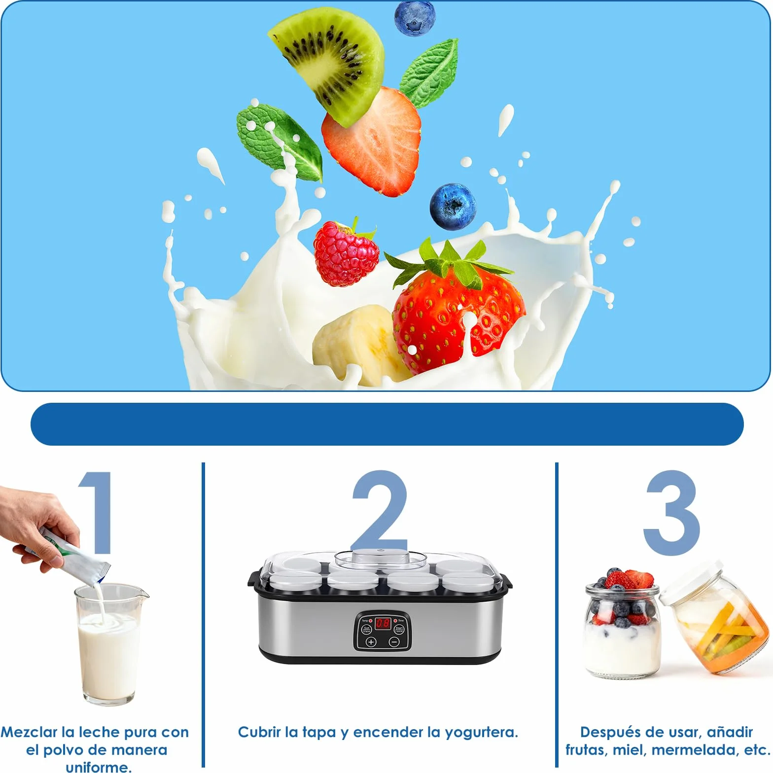 Yogurtera 1400ml, Greek Yogurt Maker with 8x180ml Jars,Yogurtera 8 Tarros con Temporizador y Pantalla LCD, Rango de Temperatura Ajustable 20–55°C,Yogurt Maker para Yogur Casero y Probióticos
