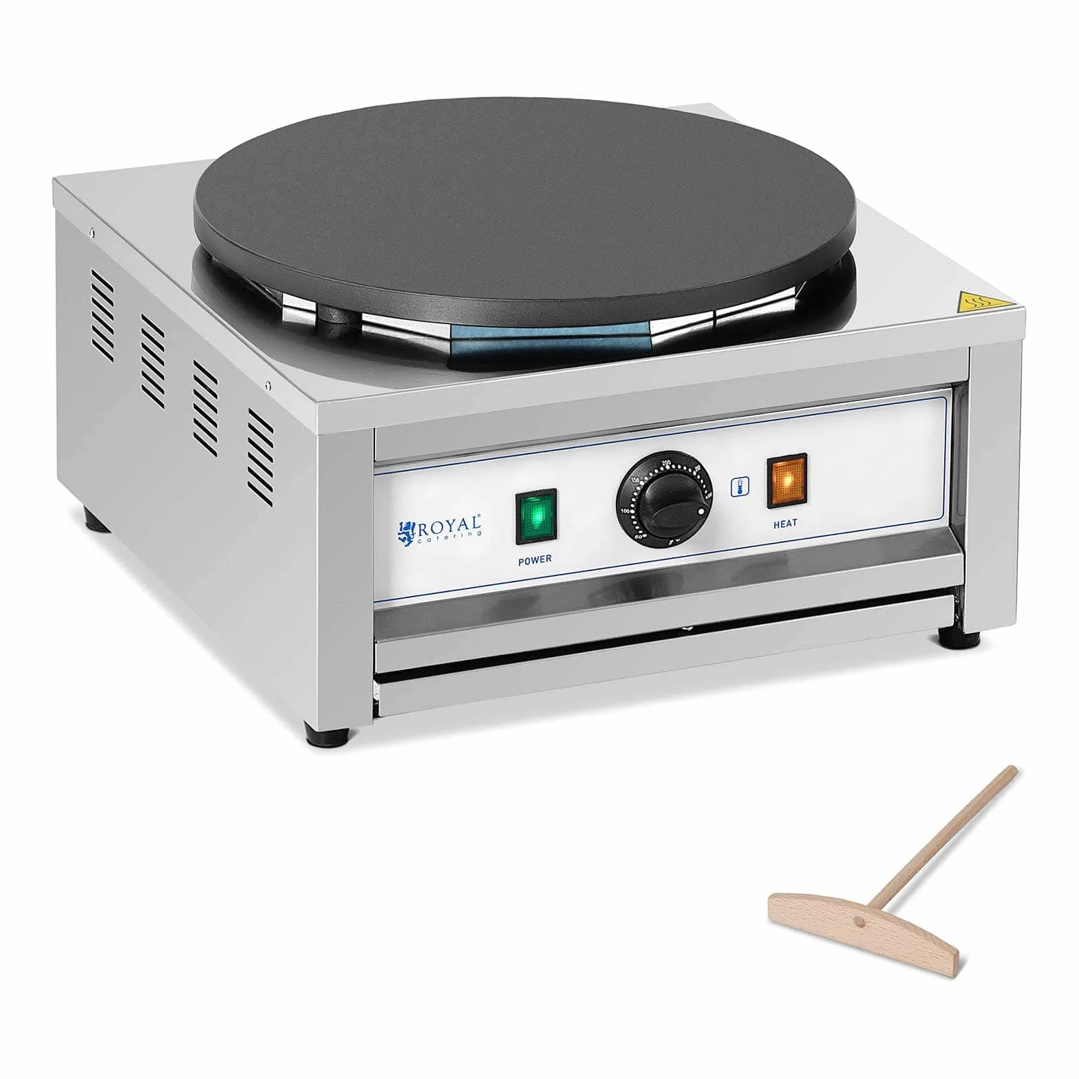 Royal Catering Crepera Máquina de Tortitas RC-CMS01 (Diámetro: 400 mm, 3.000 W, 0-300 °C, Acero inoxidable/hierro fundido revestido de teflón)