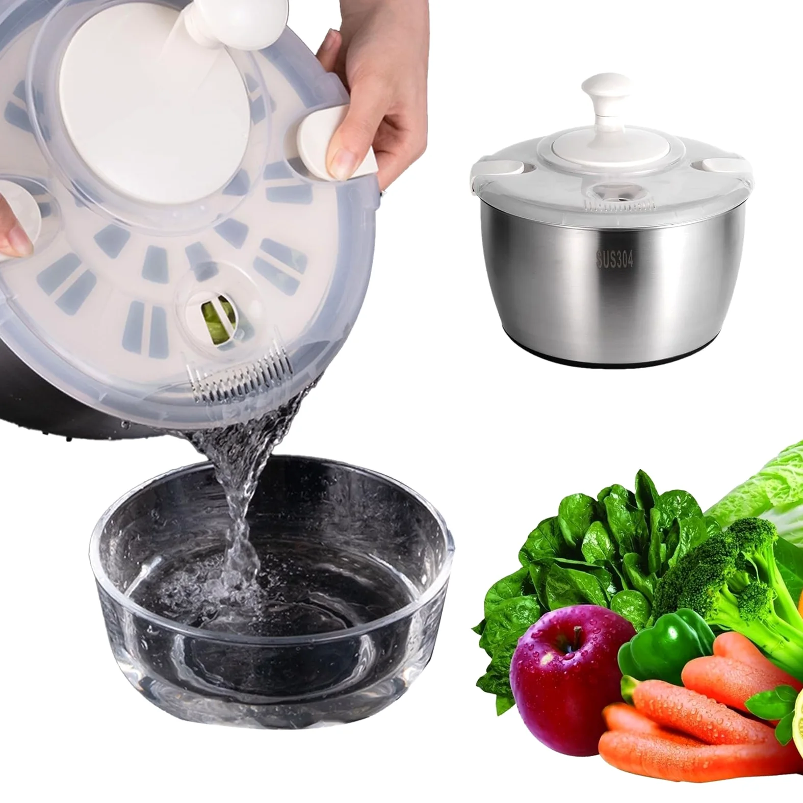 de lechuga y centrifugadora – Ensalada Spinner lechuga, secadora de frutas | verduras con mango giratorio, de ensalada de acero inoxidable, utensilios de cocina
