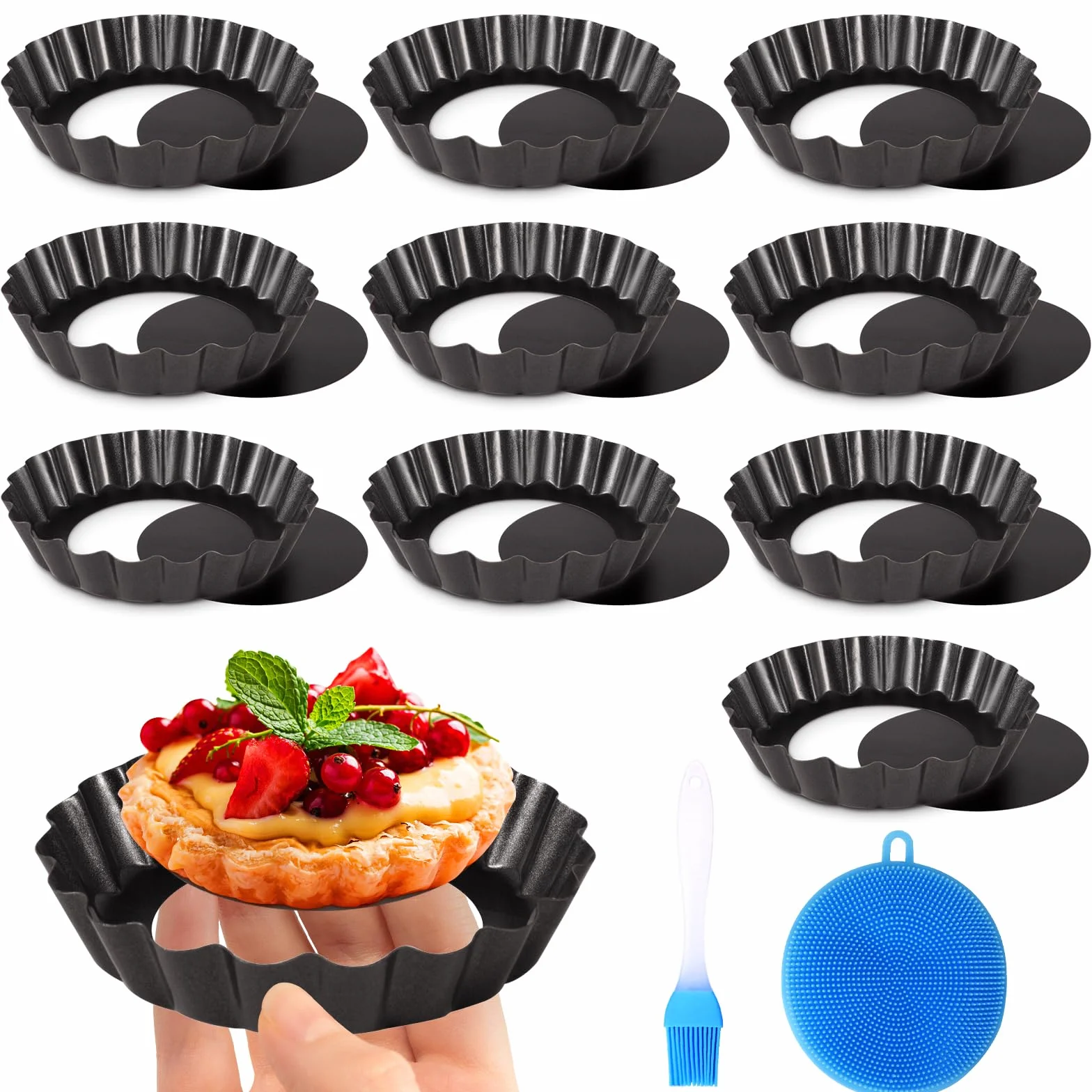 Frasheng 10 Piezas Moldes Antiadherentes para Quiche y Tartaletas, Base Desmontable 4 Pulgadas / 10 Cm, Negro