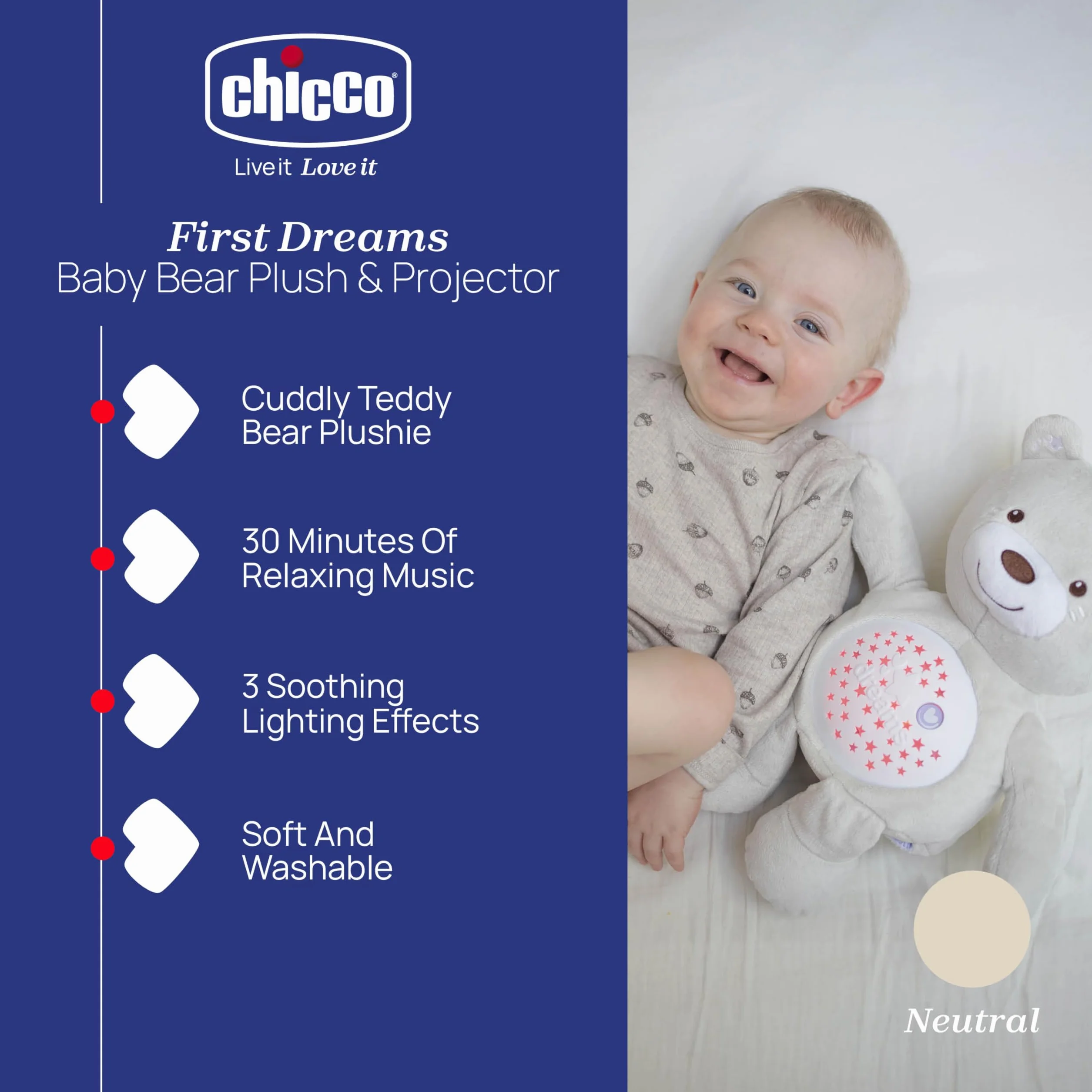 Chicco First Dreams Osito de Peluche Proyector Suave con Luz Nocturna para Niños Efectos Luminosos Melodías Relajantes Beige