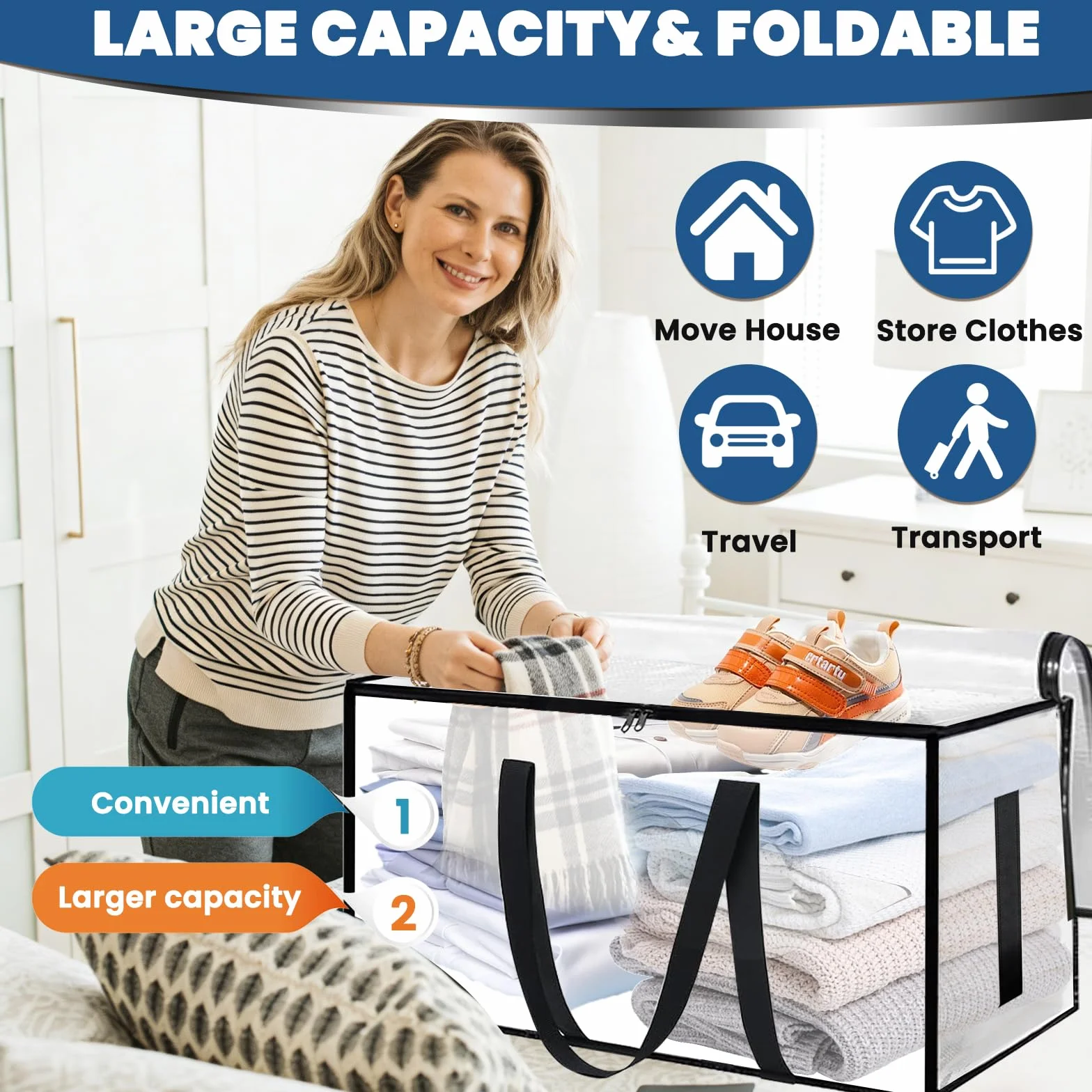 6 bolsas de almacenamiento grandes transparentes de 90 L, con cremallera y asas, para almacenamiento y transporte de ropa, ropa de cama, mudanzas