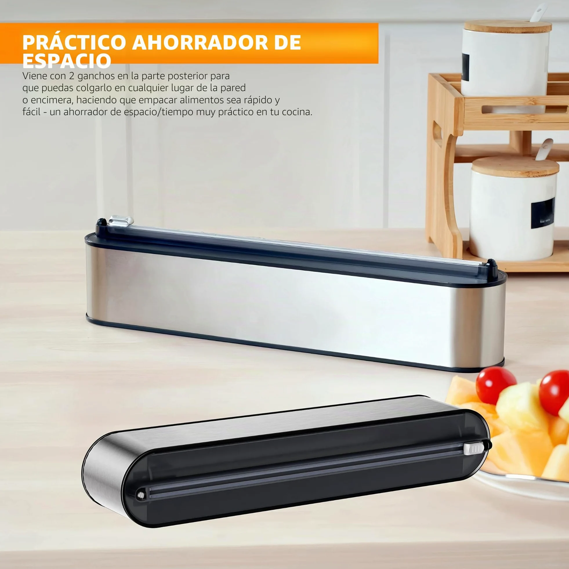 Dispensador Papel Aluminio y Film - Montaje Magnético & Pared sin Taladrar, Cortador Film Transparente, Corte Preciso, Organizador Cocina Profesional - 2 rollos de 100 m, Acero Inox Plata