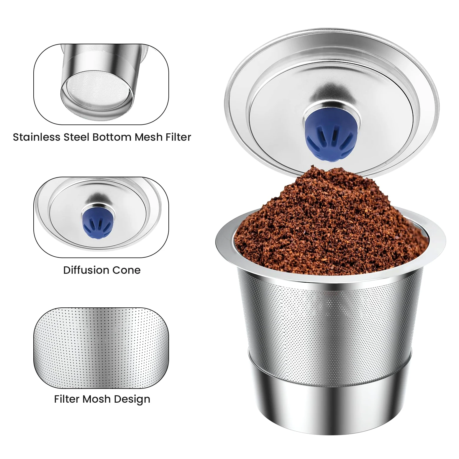 Tazas K reutilizables de acero inoxidable para Keuring 2.0 y 1.0, cápsulas de café reutilizables para cafetera, paquete de 2 tazas K reutilizables con 1 cuchara de café, filtros de café permanentes