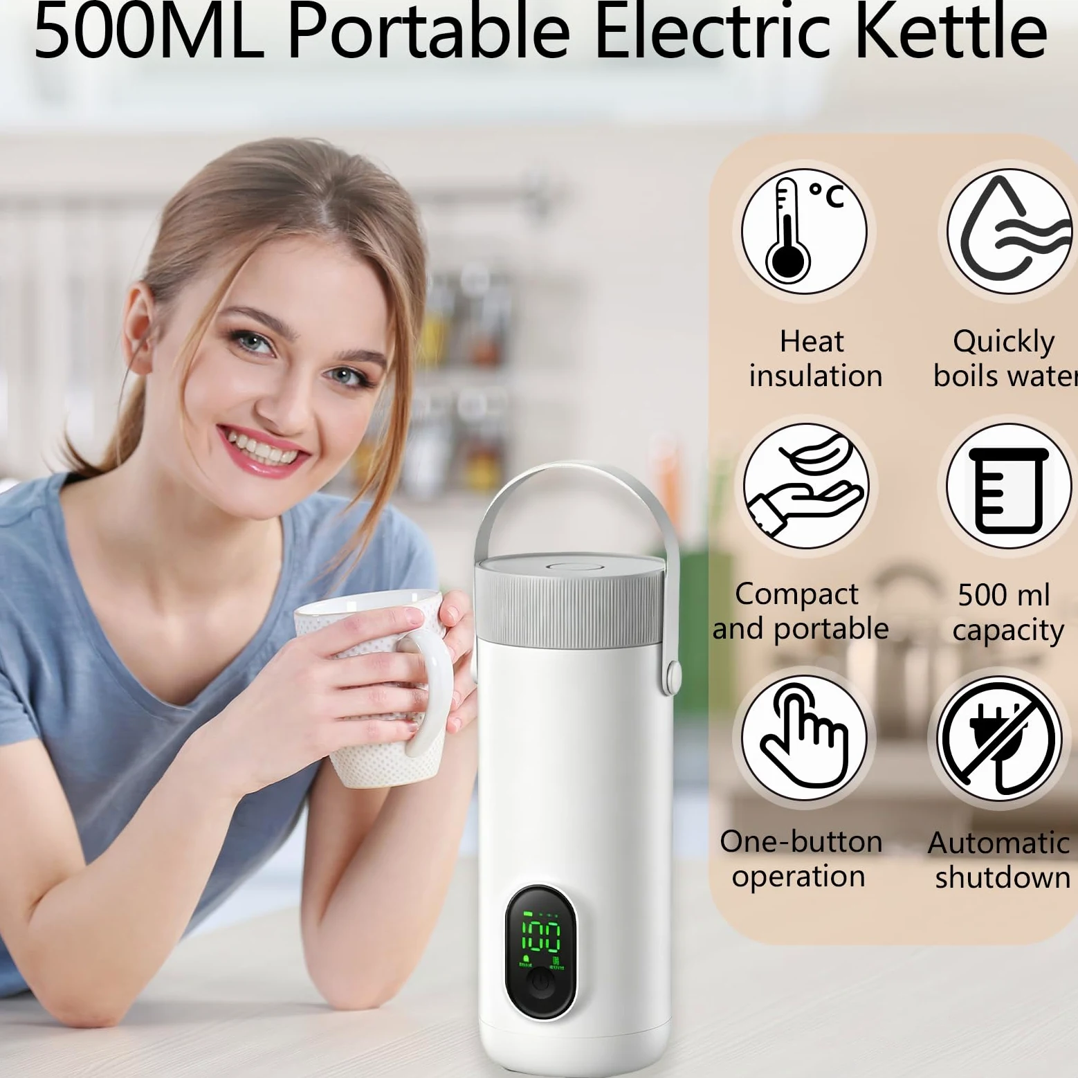 Hervidor Eléctrico Portátil, 500ml Pequeño Hervidor de Agua Eléctrico, 6 Ajustes de Temperatura, Acero Inoxidable 304, Calentamiento Rápido en 15 Minutos, para Hacer Leche Café Té