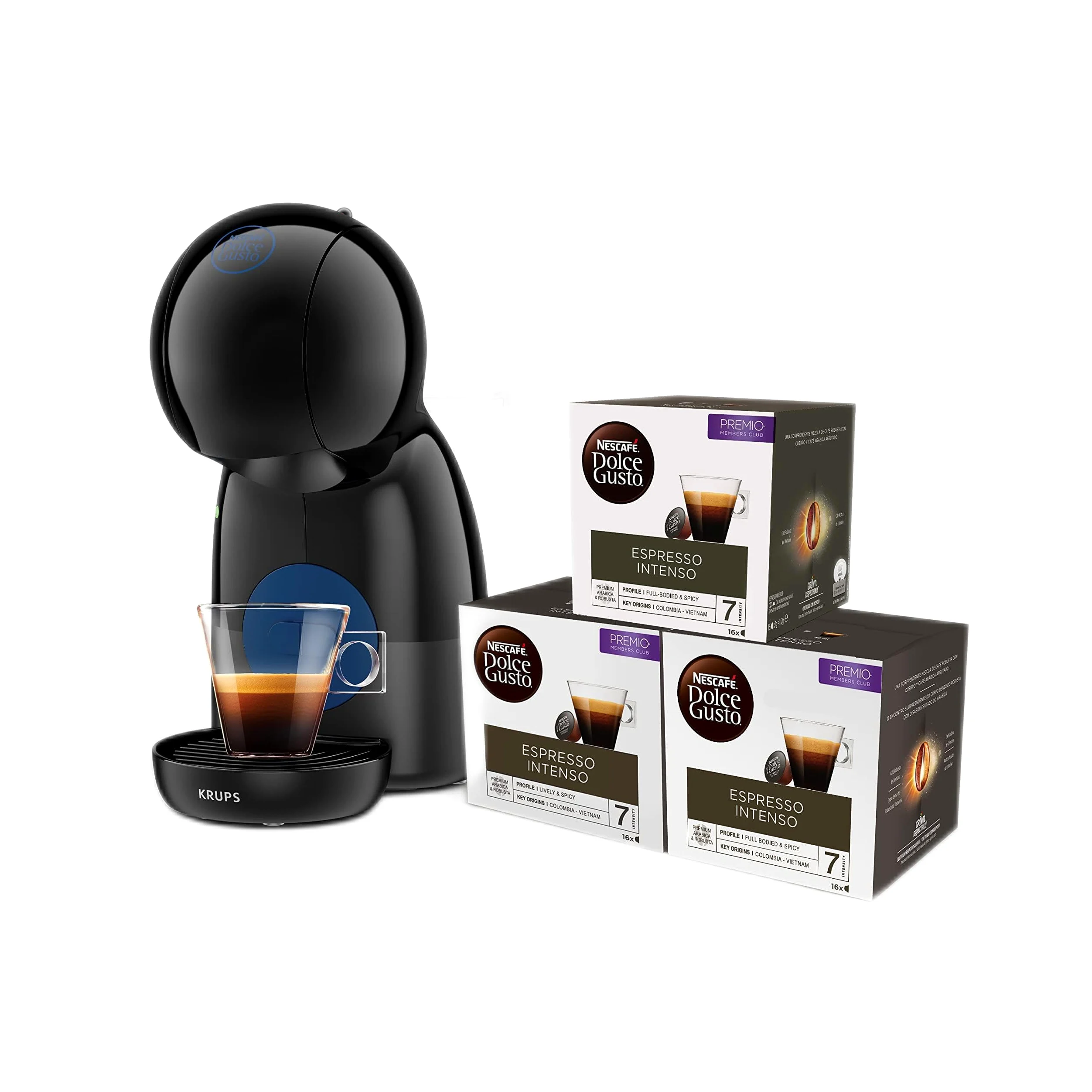 Krups Nescafé Dolce Gusto Piccolo XS KP1A08 Cafetera de cápsulas de 0.8L, modo Eco, bandeja 3 alturas, color negro, 3 Packs Café Intenso