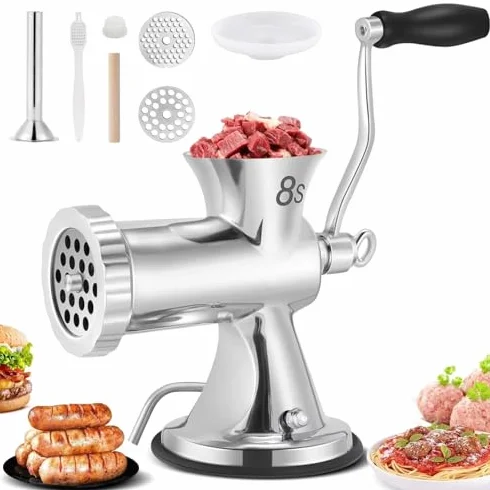 Picadora manual de carne, picadora de carne de acero inoxidable con platos, manivela sin esfuerzo para carne molida fresca, salchichas, comida para mascotas, compacta, apta para lavavajillas