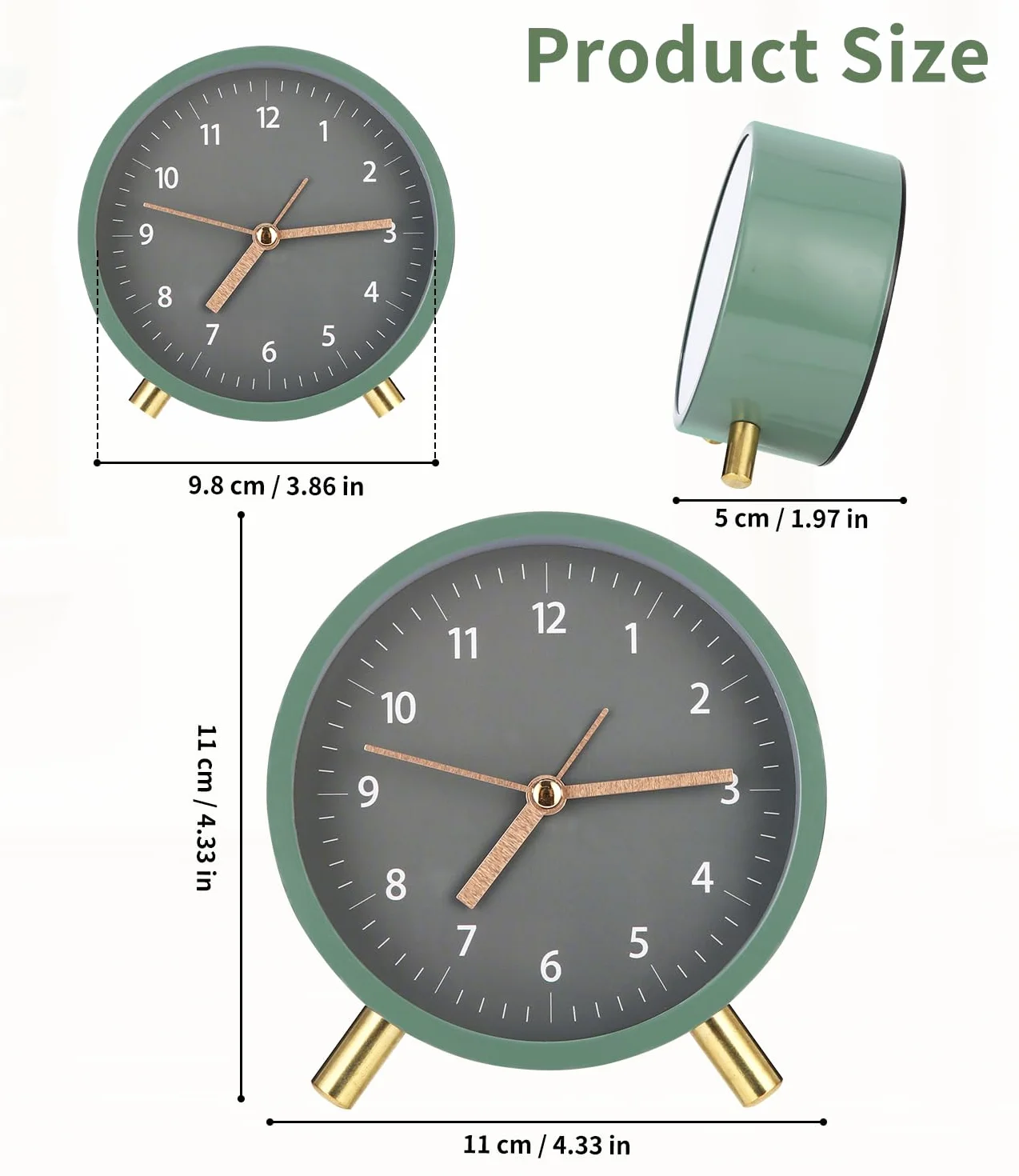 Reloj Despertador Analógico de Metal Redondo Verde Silencioso sin Tictac con Luz Nocturna para Dormitorio, Oficina y Viajes