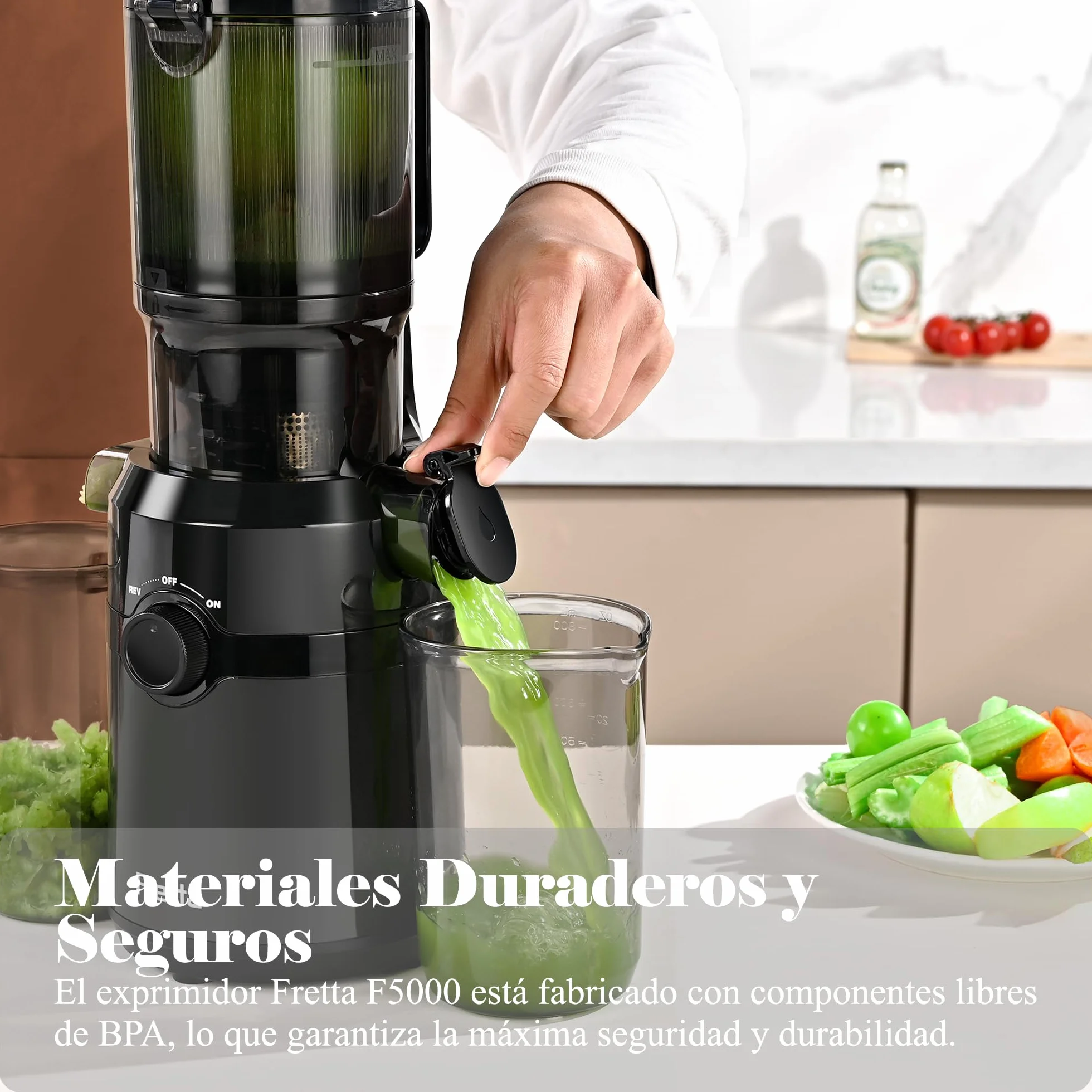 Fretta Extractor de Zumos y Verduras, Apertura de 108MM y Capacidad de 1L, Licuadora Prensado en Frio para Verduras Frutas Enteras, 200W Slow Juicer Machine, Fácil Montaje y Limpieza, Sin BPA (Negro)