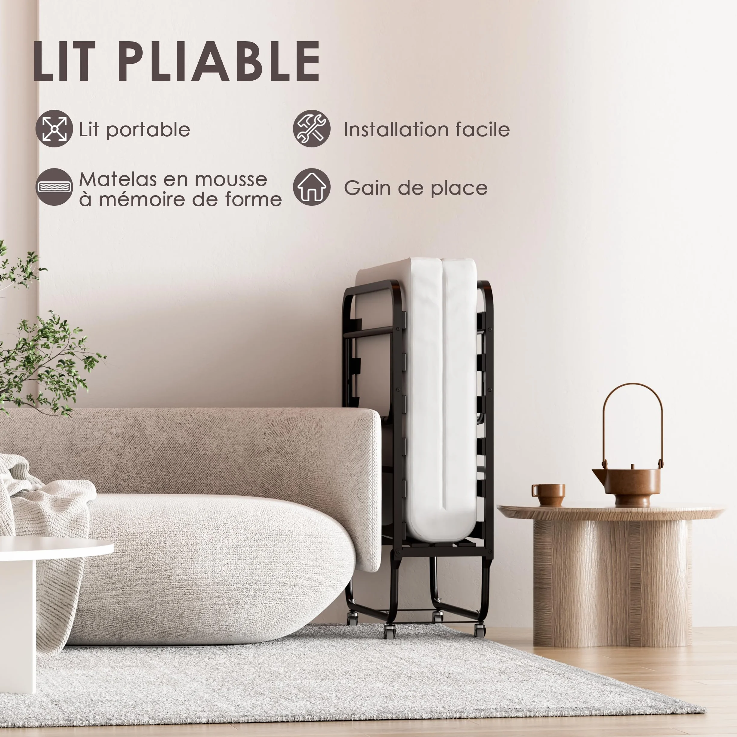 DEWINNER Cama Plegable 90x190 | Cama para 1 Persona con Colchón de 10 cm | Somier Individual de Listones de Madera de 90 x 190 | Camas Ahorra Espacio con Ruedas | Cama con Colchon Plegable