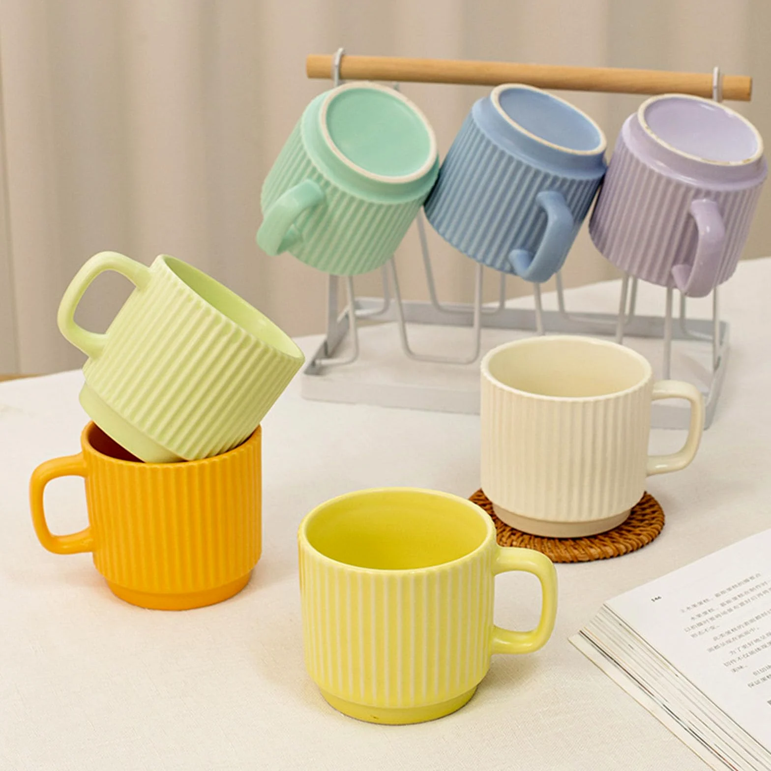 Juego de 6 Tazas apilables de Porcelana de 260 ml para café expreso con asa, Ideales para té, café con Leche, Cacao y Capuchino. (White)